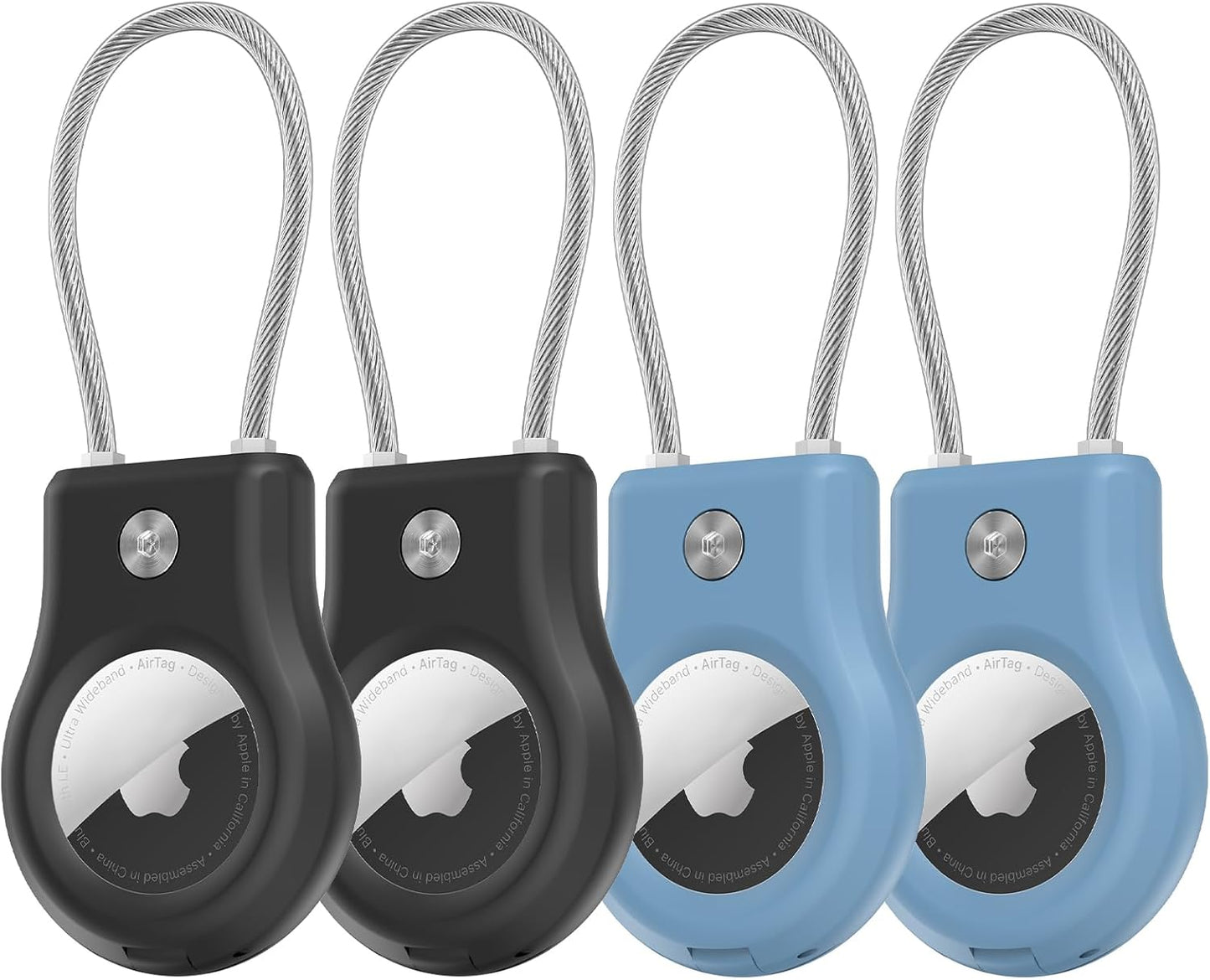 Air tag Holder,(4 Pack) Air tag Keychain with Secure Lock,Air Tags Case with Wire Cable for Apple Airtag,Anti-Lost Protective Case with Keyring for Luggage, Key, Pet, Bag, Black/Cyan