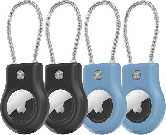Air tag Holder,(4 Pack) Air tag Keychain with Secure Lock,Air Tags Case with Wire Cable for Apple Airtag,Anti-Lost Protective Case with Keyring for Luggage, Key, Pet, Bag, Black/Cyan