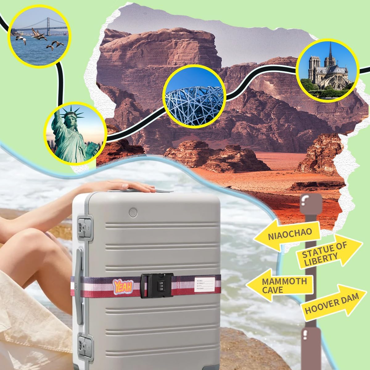 Adjustable Luggage Straps with Combination Lock – 2 Pack Bright Colors, Quick-Release Buckle, Secure Travel Luggage Straps for Added Safety（Tricolor)