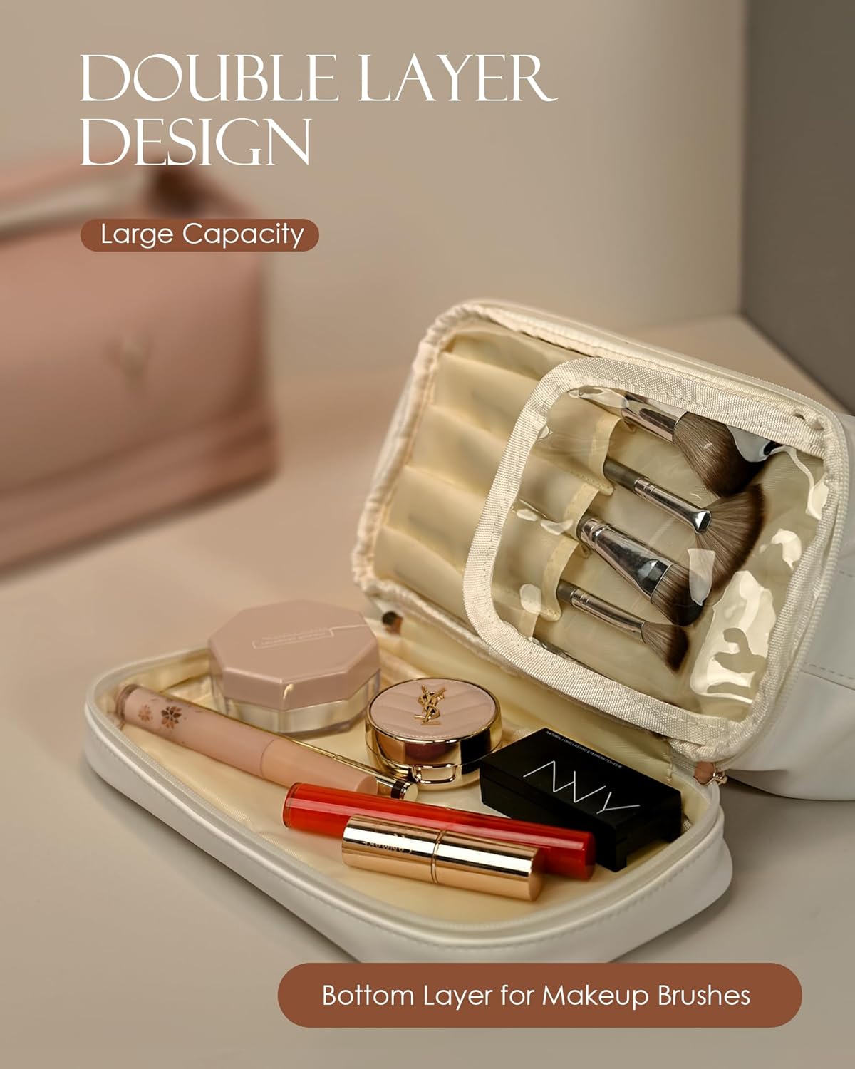 Graduation Gifts for Girls Teen Girls, Personalized Makeup Bag with Handle, Initial Double Layer Cosmetic Bag with Makeup Brush Organizer, Cute Cosmetic Pouch for Women, Gifts for Friends Mom