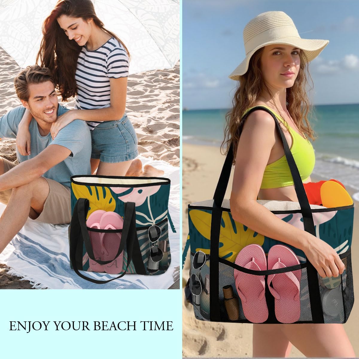 8-Pocket Waterproof Tote for Women -Sandproof Beach Bag with Zipper& Family | Foldable Travel Swim Bag (Gift-Ready)