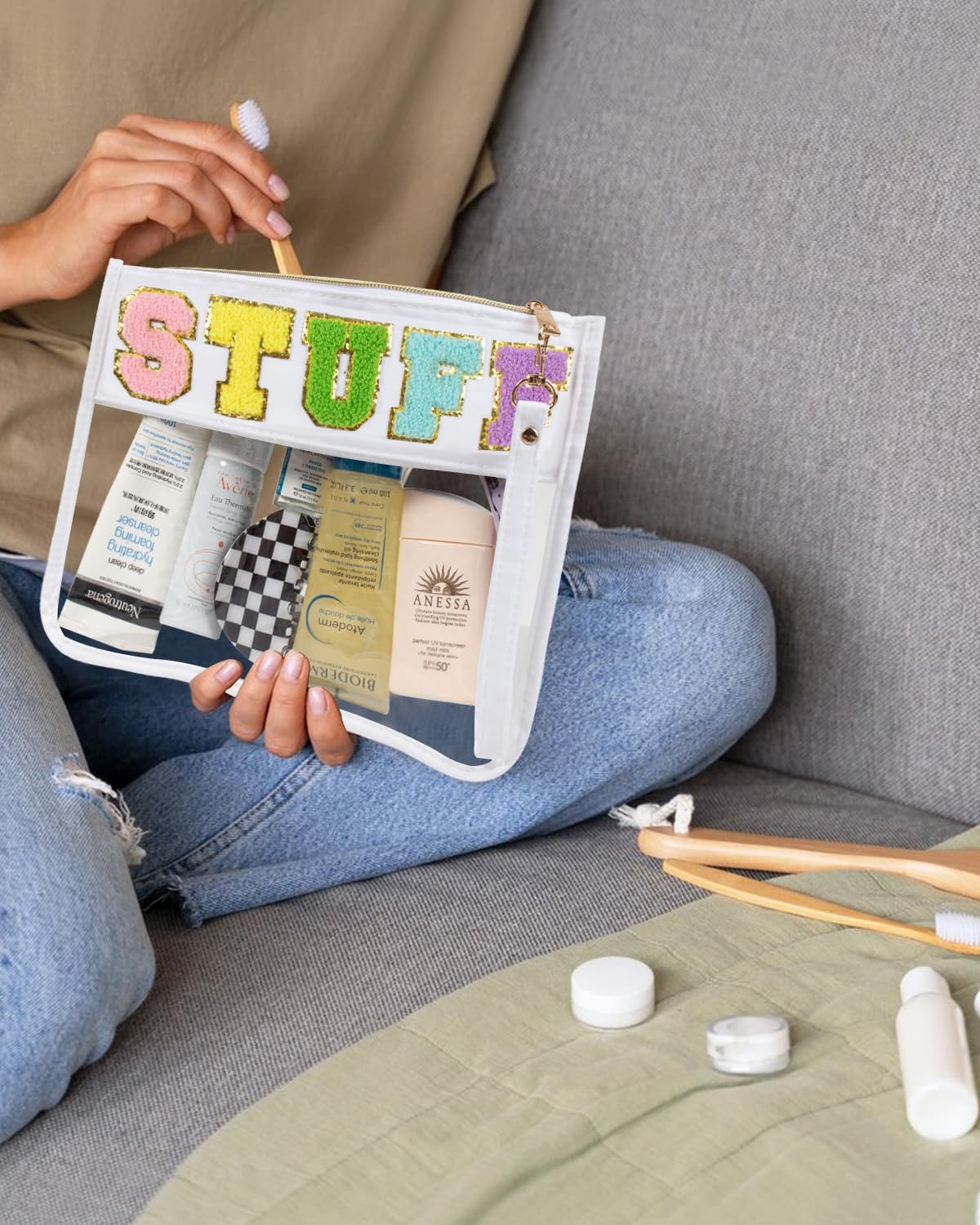 2 Pcs Snack Pouch Chenille Letter Clear Zipper Snack Bag, Nylon Snack Pouch for Travel Clear Makeup Bag Small Cosmetic Bag for Purse Snack Bags for School Waterproof Toiletry Bag