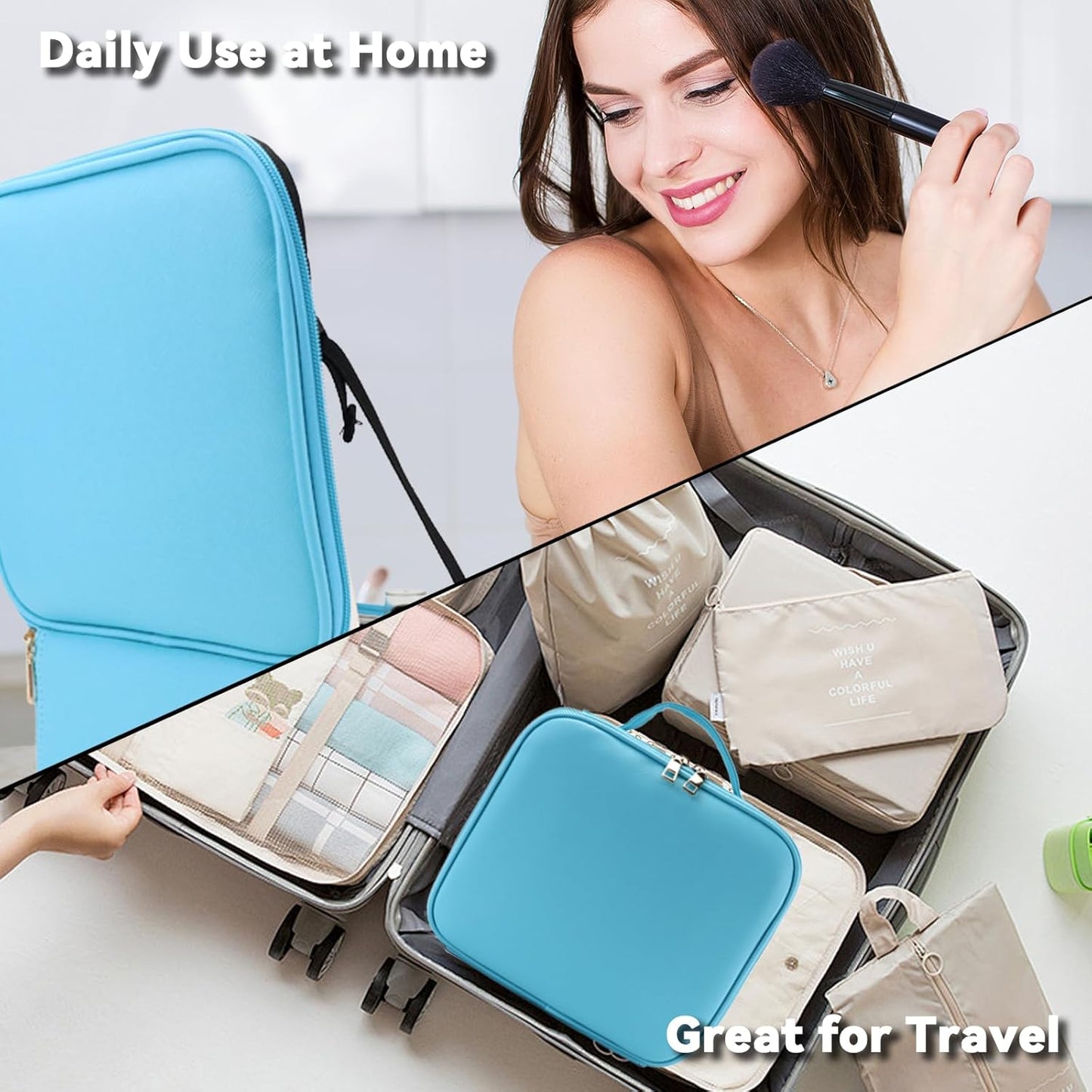 Travel Makeup Bag with LED Mirror and 10x magnifying glass with 3 Lighted Settings, Adjustable Dividers and Makeup Brush Storage Bag Blue