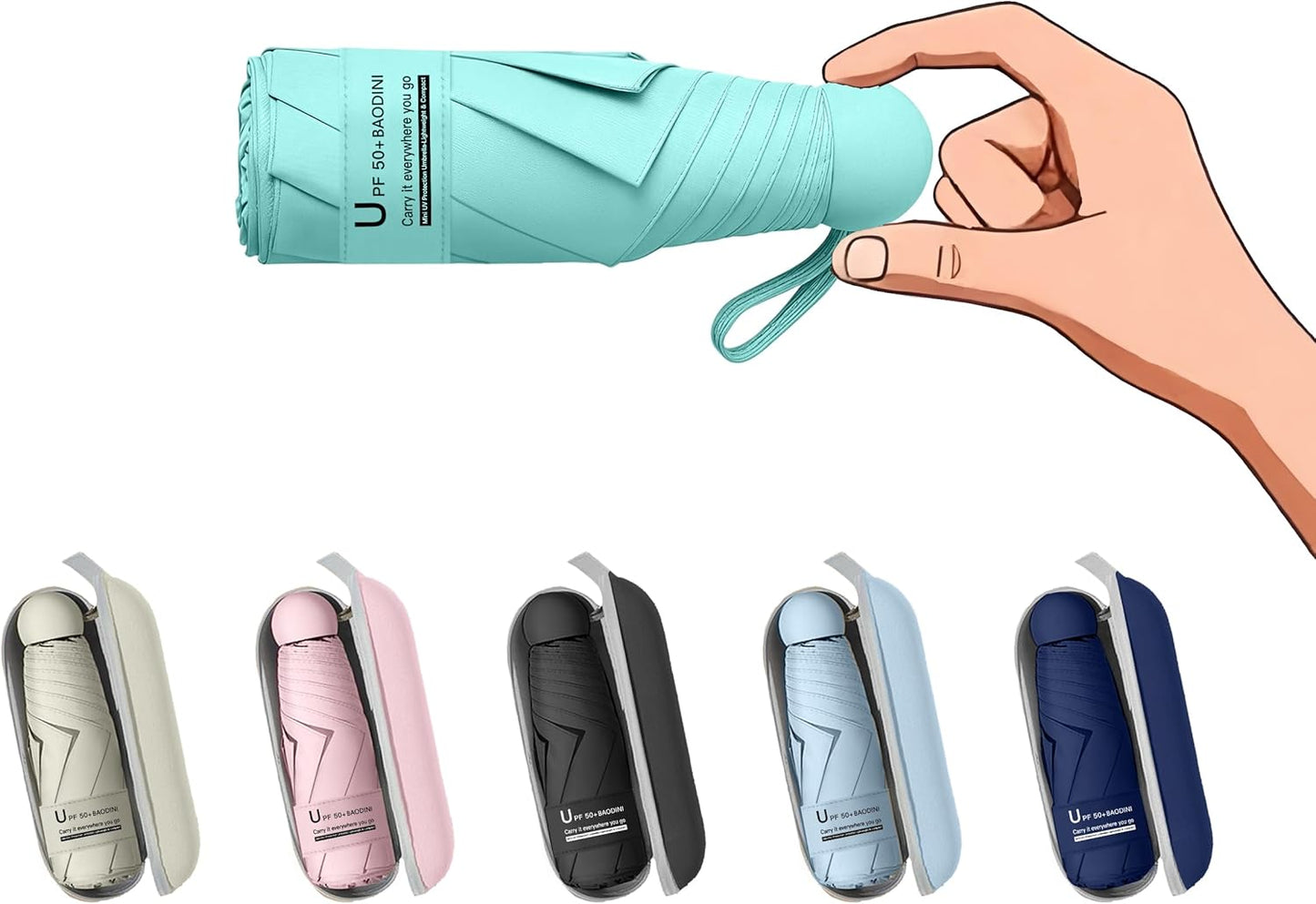 BAODINI Travel Mini Umbrella for Purse With Case Small Compact UV Sun Protection Sun Lightweight Tiny Pocket Umbrella for Women Kids and Men