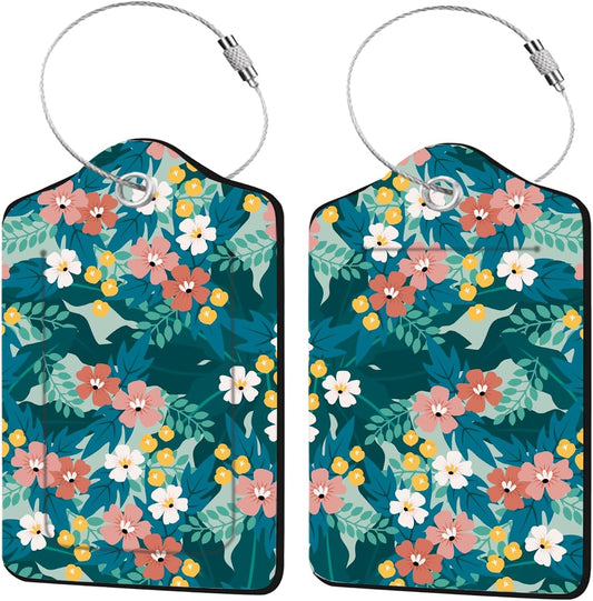 2 Pcs Floral Luggage Tag for Suitcases, Green Luggage Tags PU Leather Luggage Tag Name ID Labels with Privacy Cover Suitcases Women Fun Laggage Tags