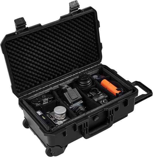 Waterproof Travel Camera Hard Case with Padded Divider, 22 x 14 x 10 Inch, Rolling Case for Camera, Gear, Equipment, Dustproof, Shockproof,Airline Carry-On Approved, Inner 19.8"x 10.9" x 6.8"