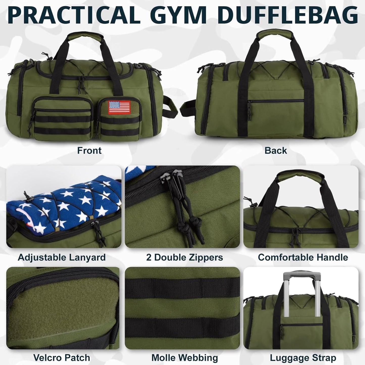 Tactical Gym Bag for Men，50L Large 3 in 1 Sports Duffle Bag with Shoes Compartment for Travel,Water Resistant Travel Backpack Weekender Overnight Bag with Wet Pocket for Women
