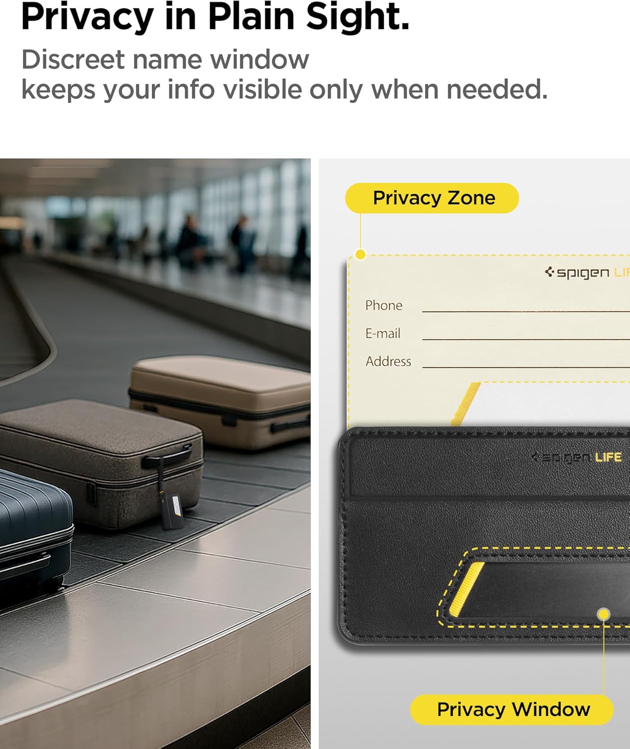 Spigen Life Luggage Tags Premium Velo Vegan Leather ID Label for Suitecase Travel Bag Accessories with Magnetic Closure Privacy Protection Design Durable Strap - Black (1 Pack)