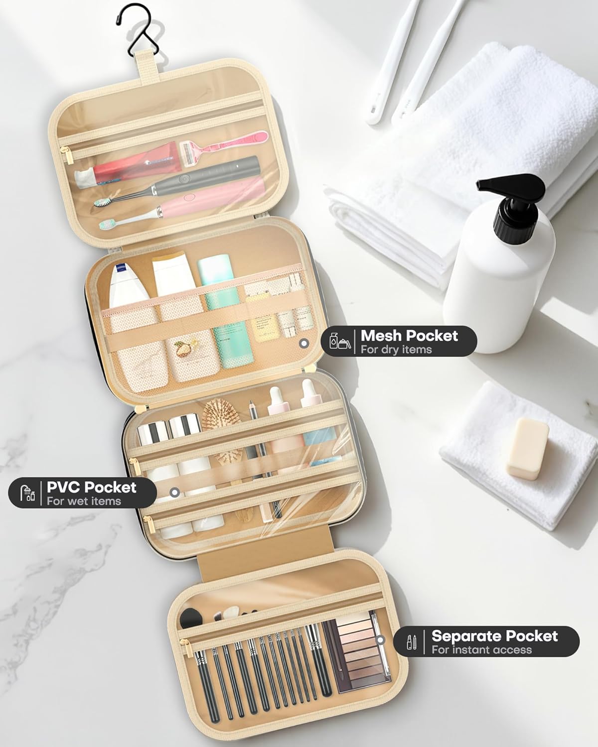 HOTOR Hanging Toiletry Bag - Spacious Travel Toiletry Bag for Women & Men, Multi-Pocket Makeup Organizer, Travel & Cruise Essentials for Business Trip, Gym, Black, 11.0" x 8.7" x 3.9"