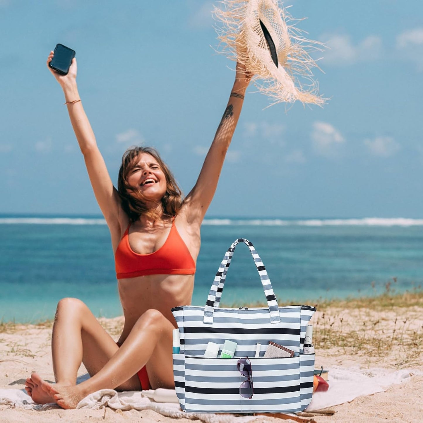 LEDAOU Beach Bag Waterproof Sandproof Women Tote Bag Pool Bag with Zipper for Gym Grocery Travel with Wet Pocket