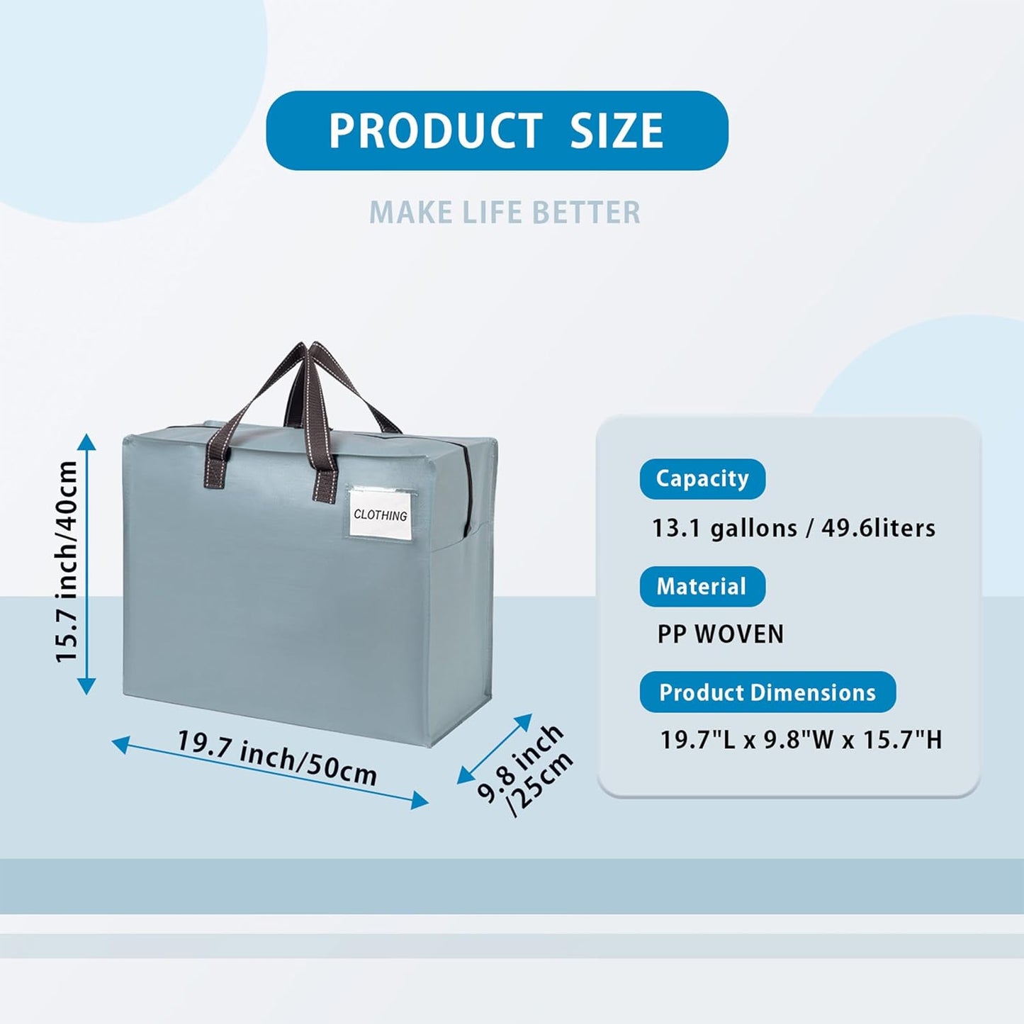 VENO 4 Pack Heavy Duty Moving Bags, Storage Bags, Packing Supplies, Top Zipper, Storage Totes for Camping, Clothes, Bedding, Comforters, Pillows (13 Gallon Light Blue, 4 Pack)