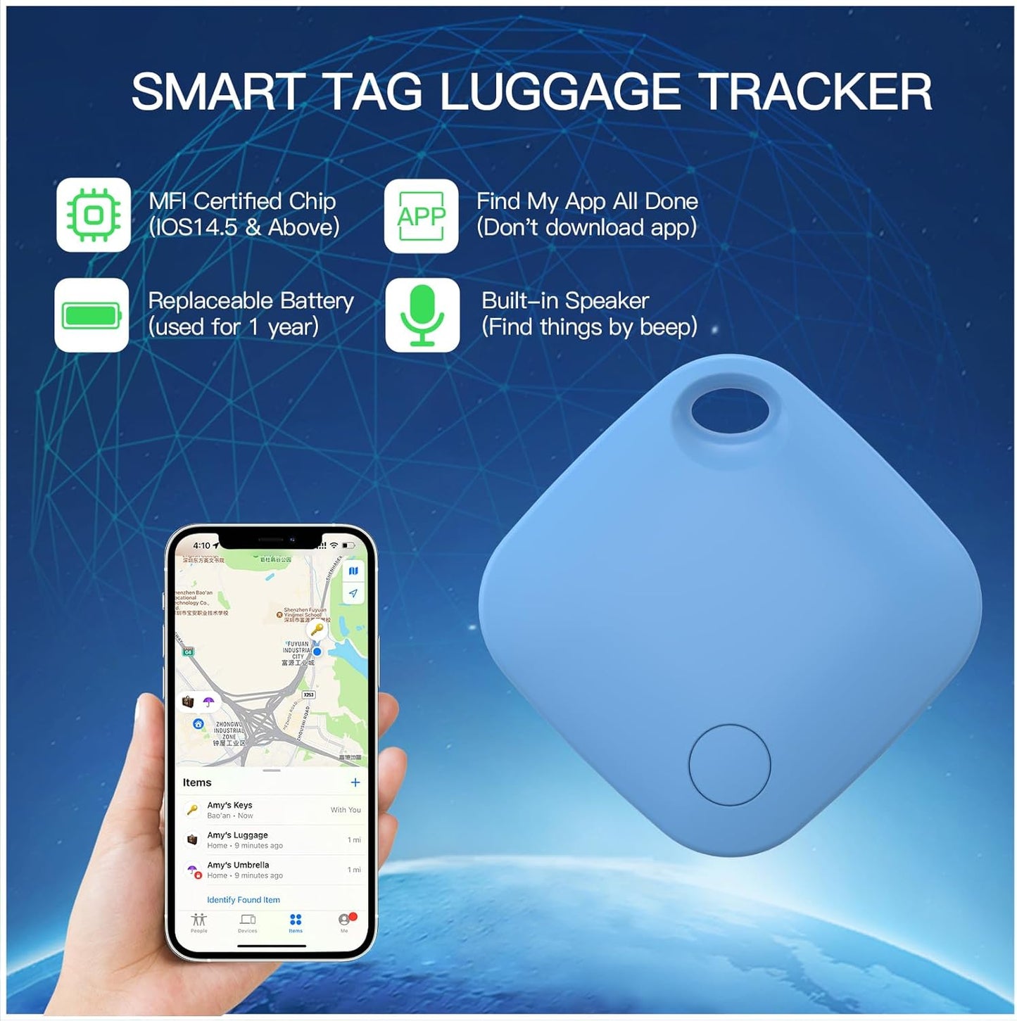 RSH Air Tracker Tag 4 Pack Bluetooth Luggage Tracker tag Locator Works with Apple Find My,Smart Tracker for Suitcase, Bag, Backpack, Wallet,Replaceable Battery Smart tag Item Finder