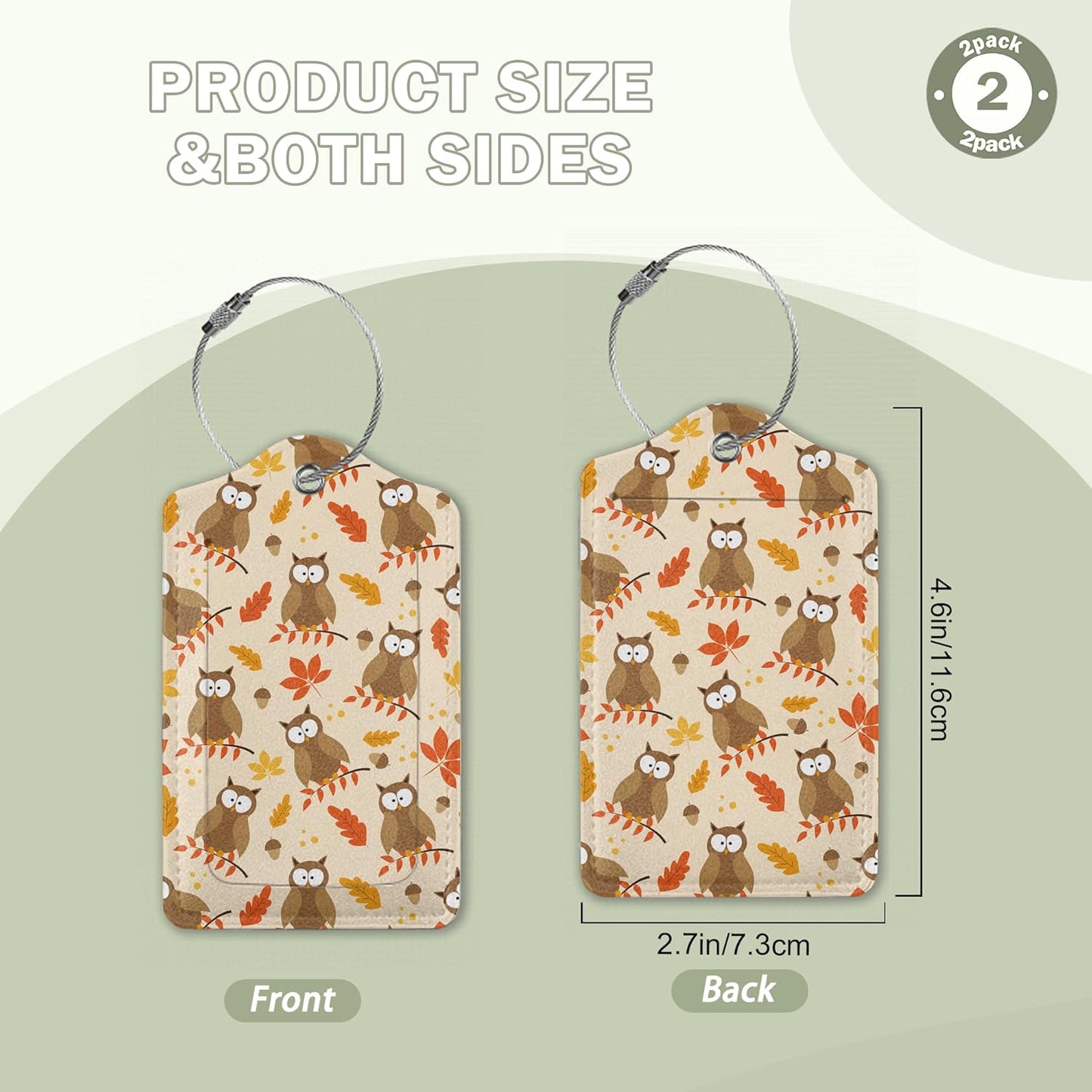 2 Pack Luggage Tags for Suitcase,Autumnal Leaves and Owl Bird Leather Luggage Tag Bag Tags Identifiers Privacy Cover Id Label with Steel Loop for Women Men Girls Boys Travel