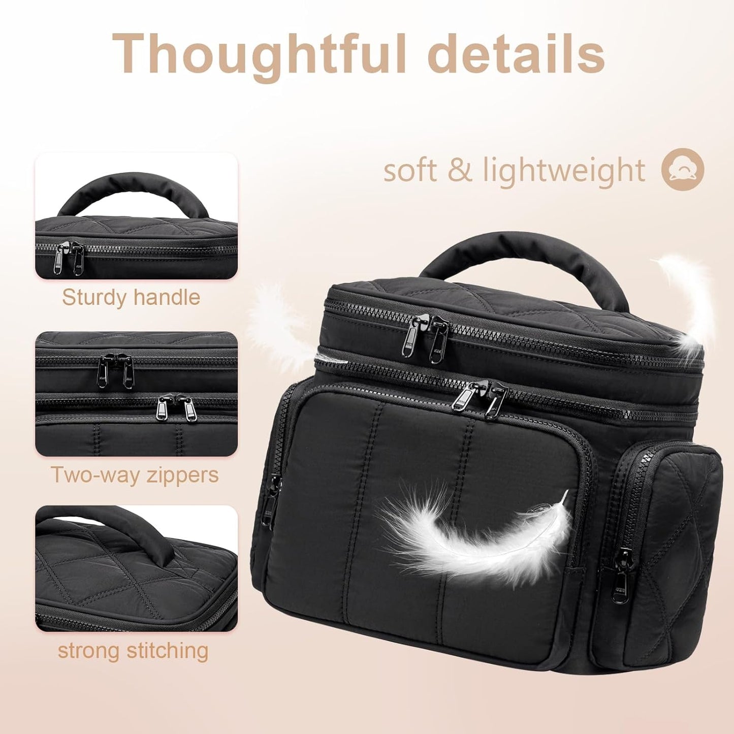 LEDAOU Toiletry Bag for Women,Quilted Travel Makeup Bag Organizer with Double Deck, Large Wide-open Cosmetic Make up Bag for Travel Essentials (Black Puffy)