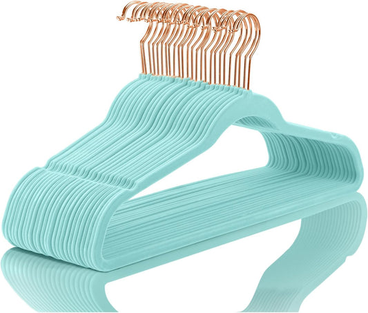 MIZGI Premium Velvet Hangers - Heavy Duty Non Slip Felt Hangers (50 Pack) - Aqua Blue & Rose Gold Hooks, Space Saving & Durable for Suits & Coats