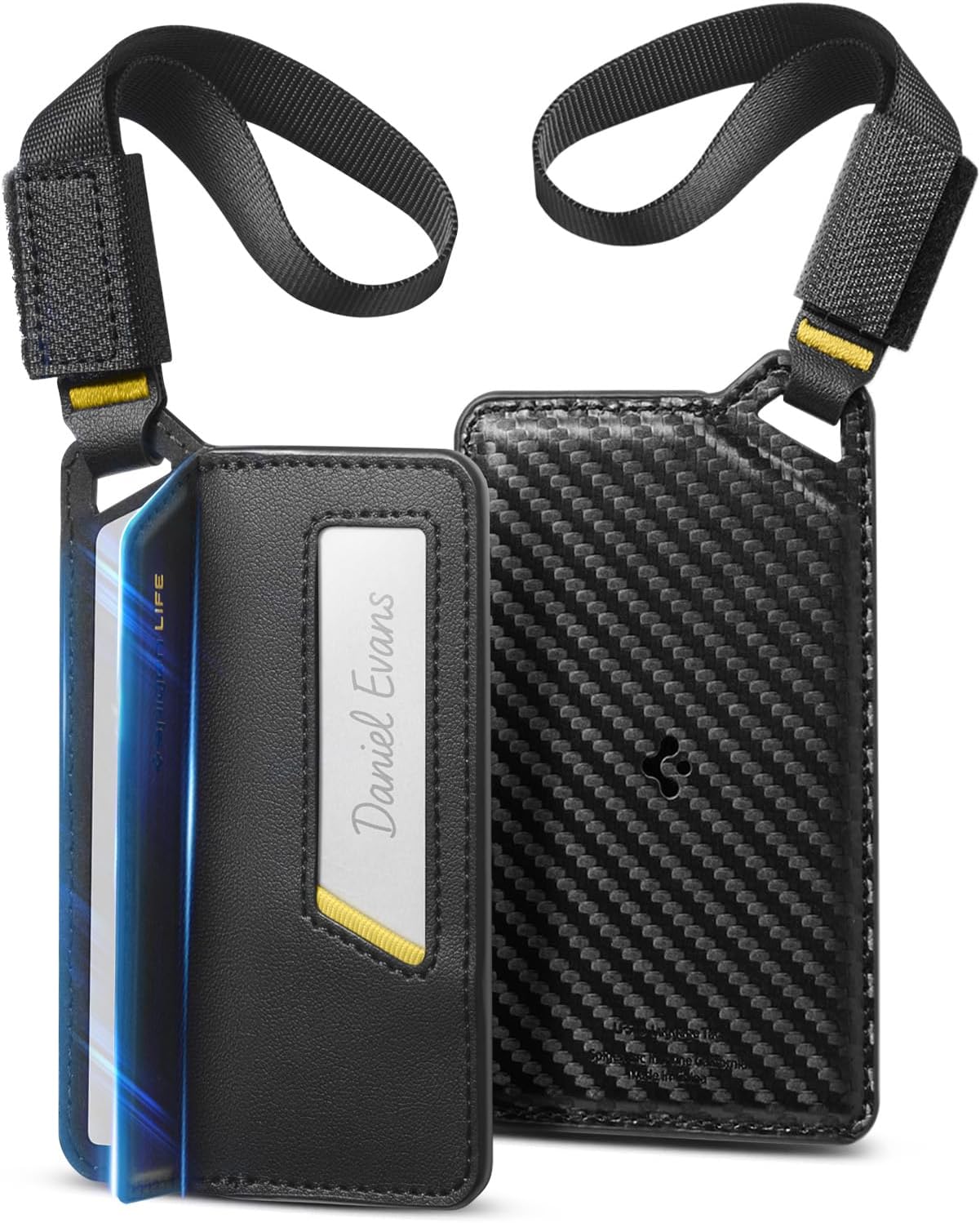 Spigen Life Luggage Tags Premium Velo Vegan Leather ID Label for Suitecase Travel Bag Accessories with Magnetic Closure Privacy Protection Design Durable Strap - Black (2 Pack)