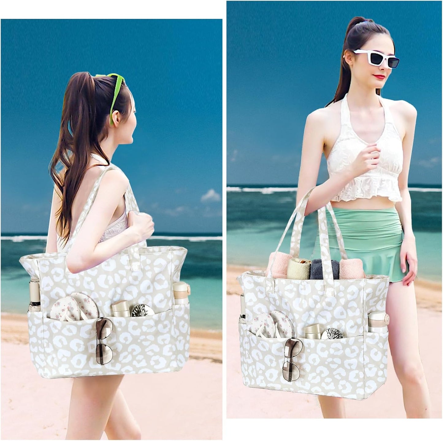 LEDAOU Large Beach Tote Bag Women Waterproof Sandproof Zipper Beach Tote Bag for Pool Gym Grocery Travel with Wet Pocket