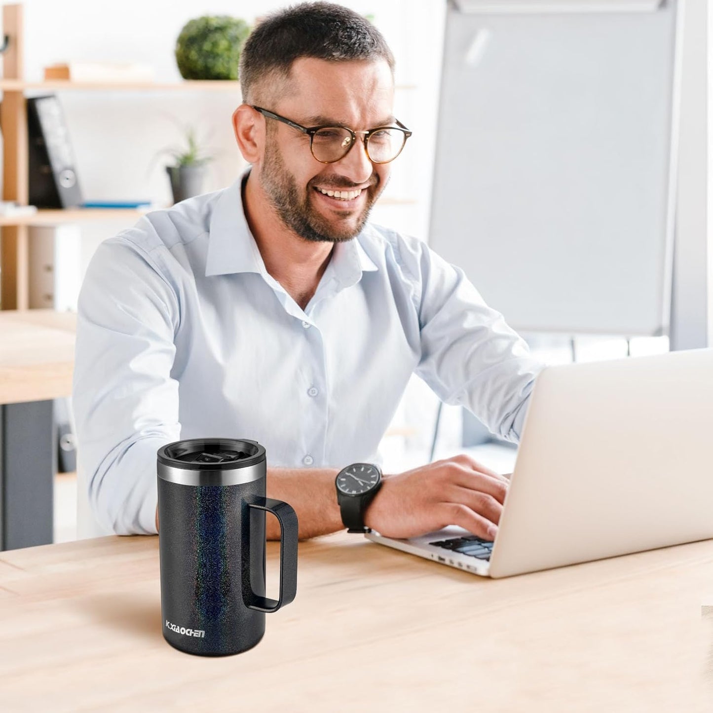 KXIAOCHEN 20oz Insulated Coffee Mug with Lid, Stainless Steel Coffee Cup, Double Wall Vacuum Coffee Tumbler with Handle, Premium Thermal Travel Coffee Mug (Glitter Black)