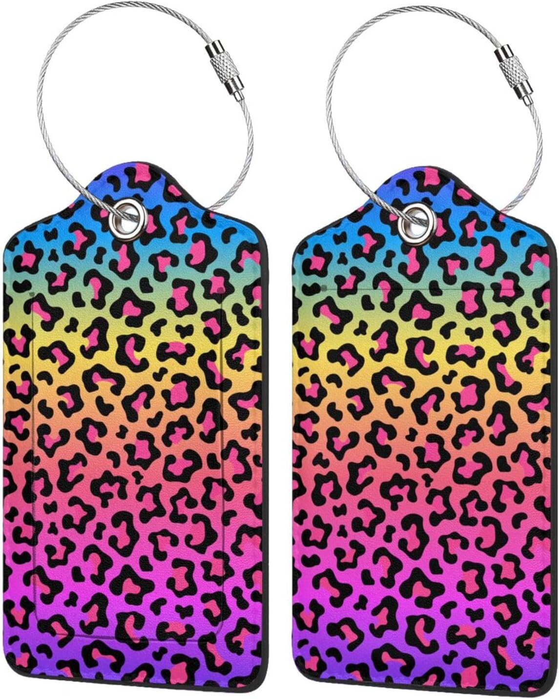 Rainbow Leopard Print 2 Pack Luggage Tags for suitcases Cute Color Leopard Luggage Tag, Leather Stainless Steel Loop Label Tag for Men Women Travel Bag Suitcase（Leopard）