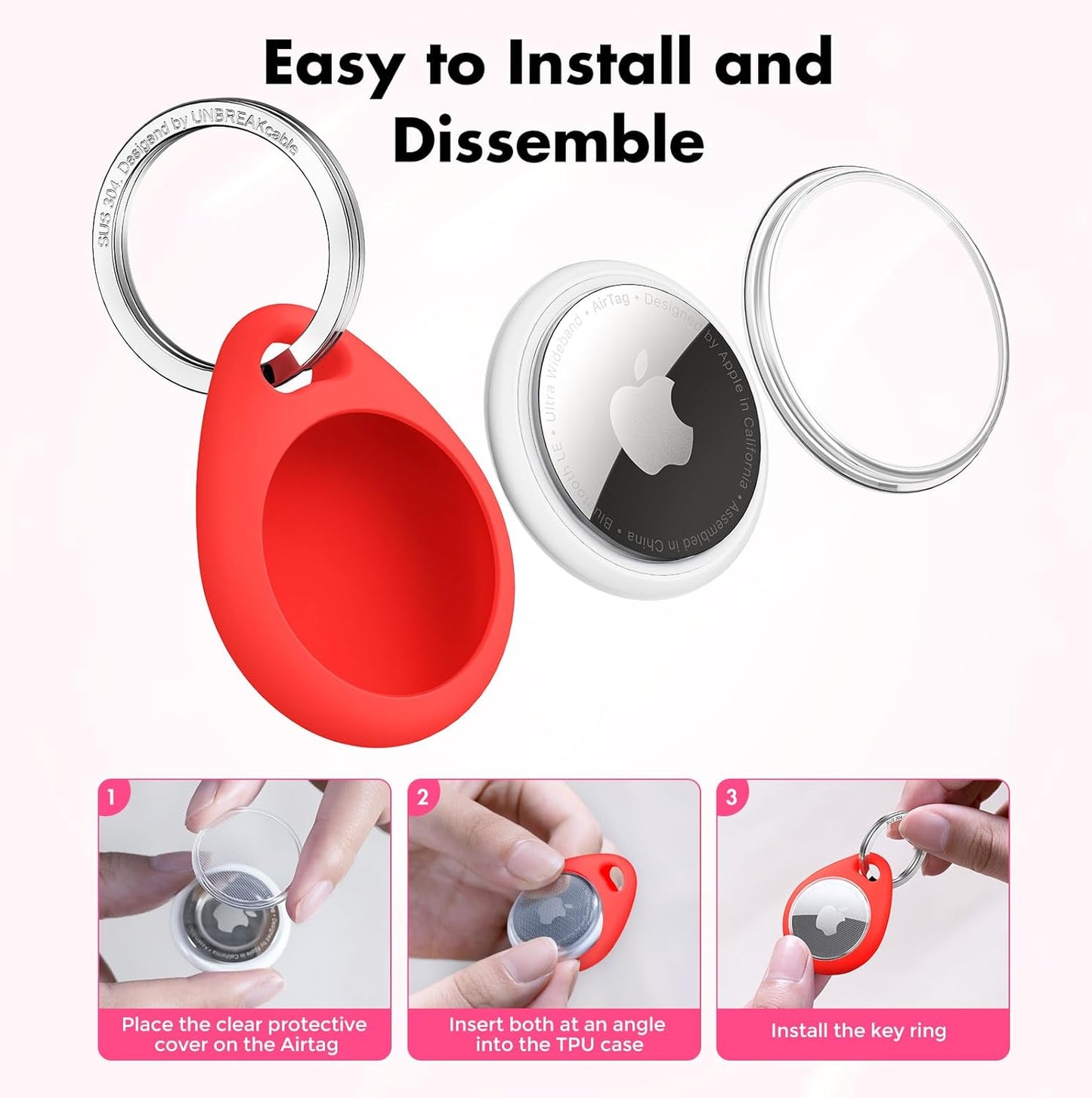 UNBREAKcable 4 Pack Holder for Apple AirTag [Fit Tightly Design] [Hold Air Tag Securely] [Easy to Install] Protective Case Waterproof TPU Shell with 304 Stainless Steel Key Ring Keychain, 4 Color