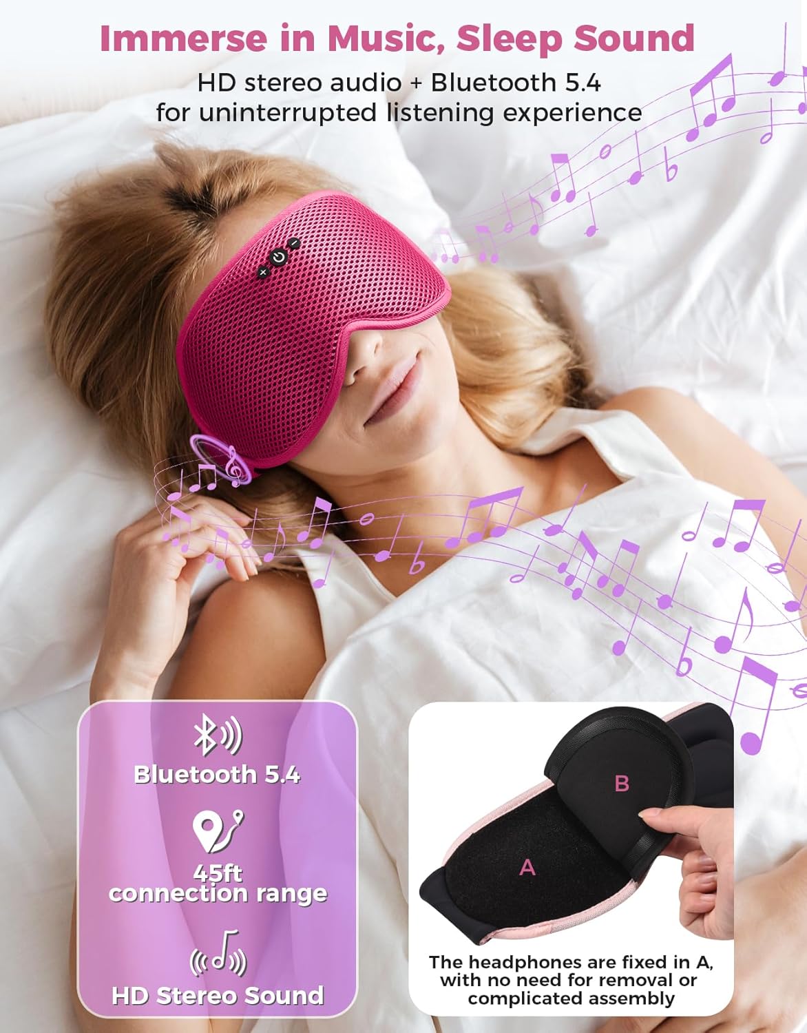 3D Contoured Sleep Mask with Bluetooth Headphones, Eye Masks for Sleep, Sleeping Mask with Ultra-Thin Stereo Speakers for Men, Women, Gifts - Rose Red