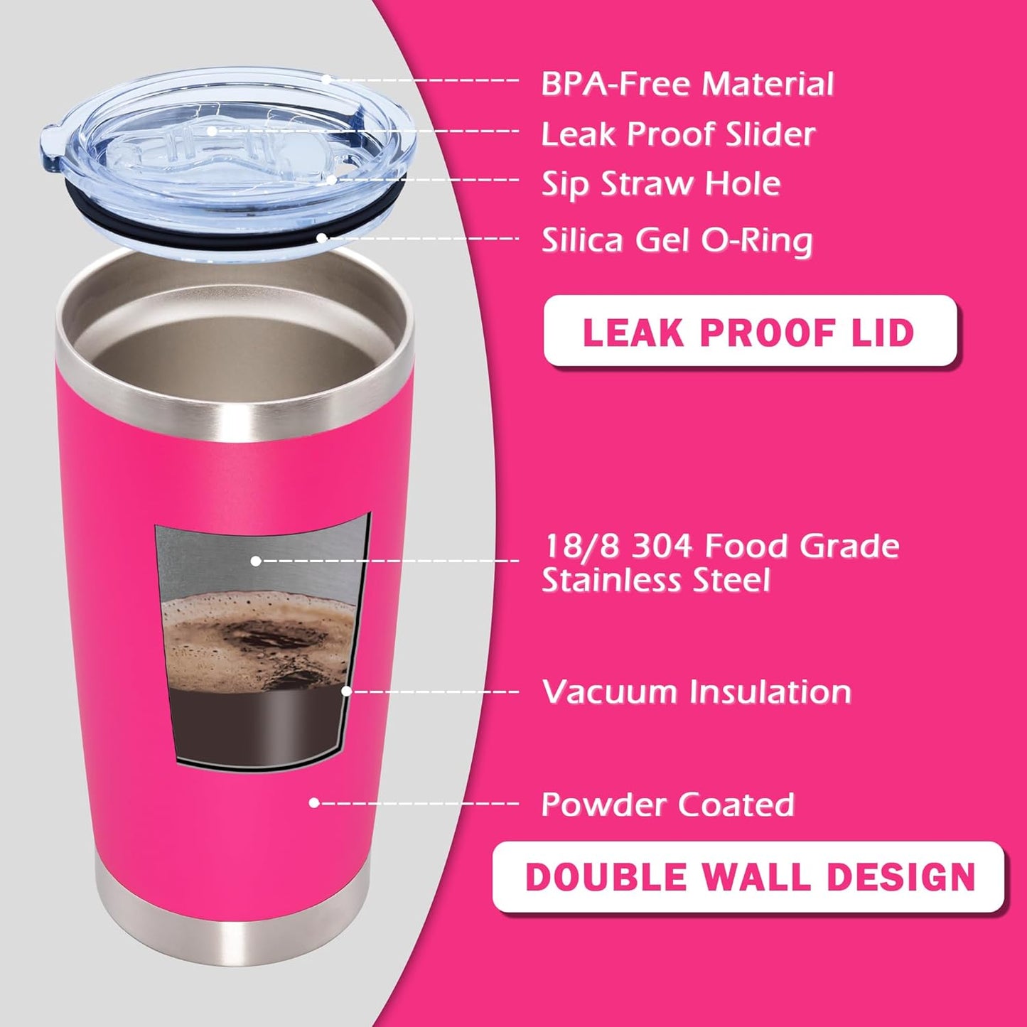 20oz Tumbler Bulk Stainless Steel Tumblers with Lid Vacuum Insulated Double Wall Travel Coffee Mug Powder Coated Tumbler Cup for Hot and Cold Drinks(Hot Pink, 1 pack)