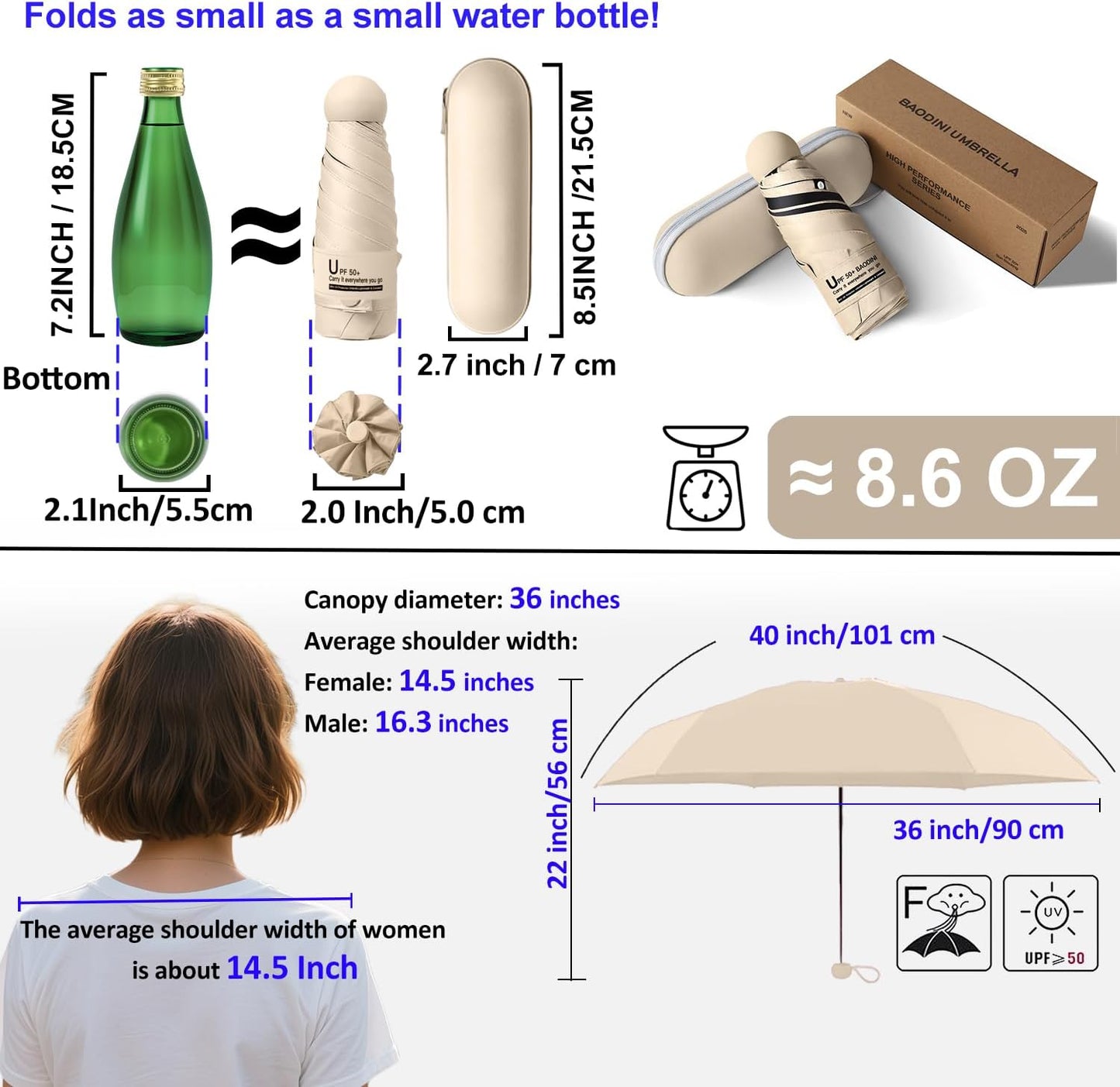 BAODINI Travel Mini Umbrella for Purse With Case Small Compact UV Sun Protection Sun Lightweight Tiny Pocket Manual Open Close Umbrella for Women Kids and Men