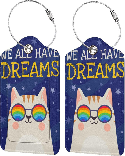 2 Cute Cat with Rainbow in Eye Glasses Luggage Tags, We All Have Dreams Encouraging Letters Suitcase Tag Privacy Name ID Card Travel Bag Labels for Friends Adults Kids