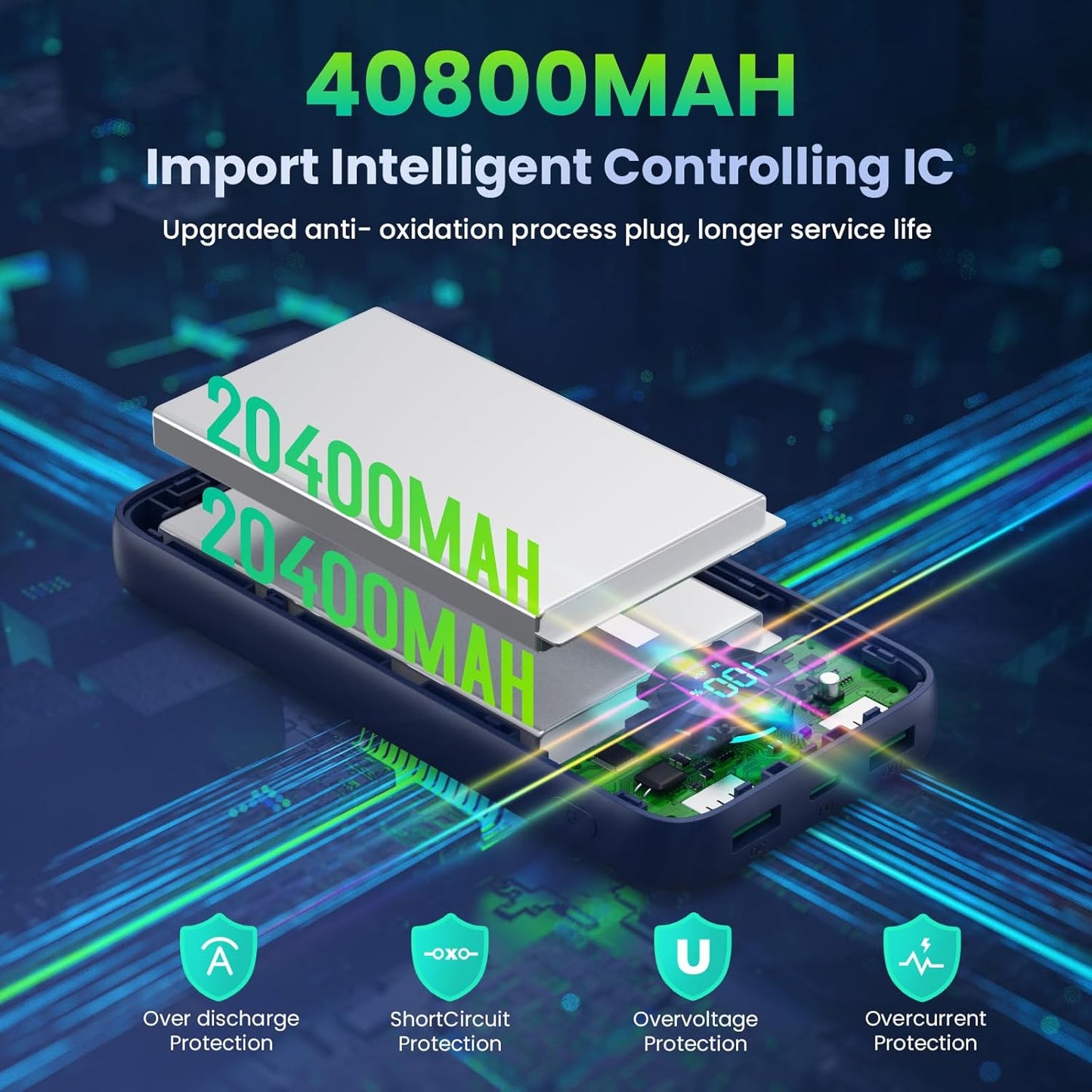 Portable Charger 40,800mAh Power Bank, 25W PD QC 4.0 Fast Charging Portable Phone Charger with Built-in Cables,LCD Display USB C Battery Pack Compatible with iPhone 16/15/14,Android Samsung (Blue)