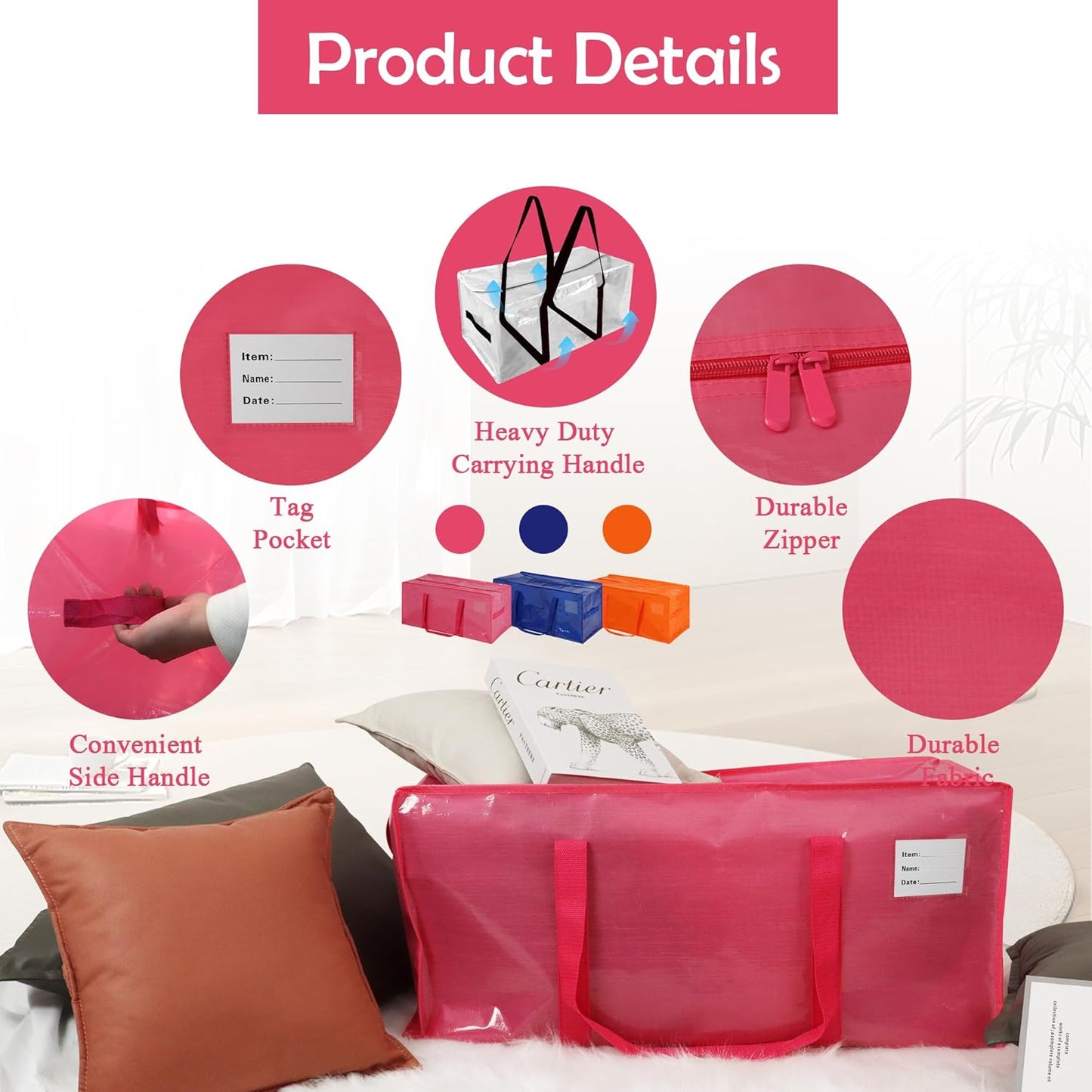 6 Pack Heavy Duty Extra Large Moving Bags with Handles, Waterproof Foldable Storage Totes, Clothing Storage Bags, Packing Moving Boxes for College Supplies & Seasonal Storage, Multicolor