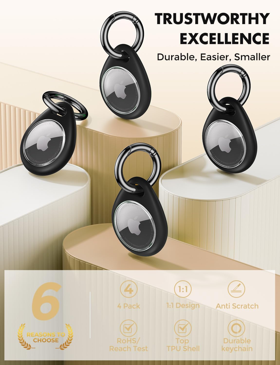 UNBREAKcable Holder for Apple AirTag [Fit Tightly Design] [Easy to Install] [Hold Air Tag Securely] Waterproof TPU Shell Case with All Metal Keychain Key Ring Clip, 4 Pack, Black