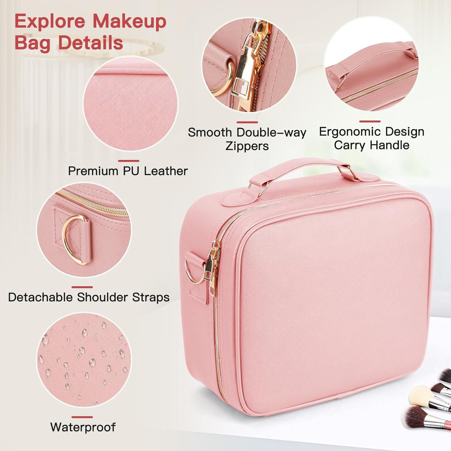 Travel Makeup Bag with LED Mirror, Cosmetic Bags for Women with Light up Mirror, Travel Essentials Makeup Organizer, Makeup Case with Adjustable Dividers and Brush Holder, 3 Color Lights