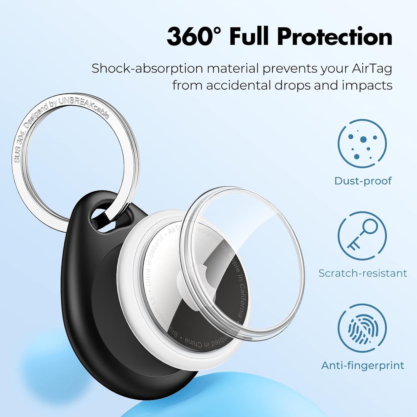 UNBREAKcable for Apple AirTag Holder - 4 Pack [Fit Tightly Design] [Easy to Install] [Hold Air Tag Securely] Waterproof TPU Shell Protective Case with 304 Stainless Steel Keychain Key Ring