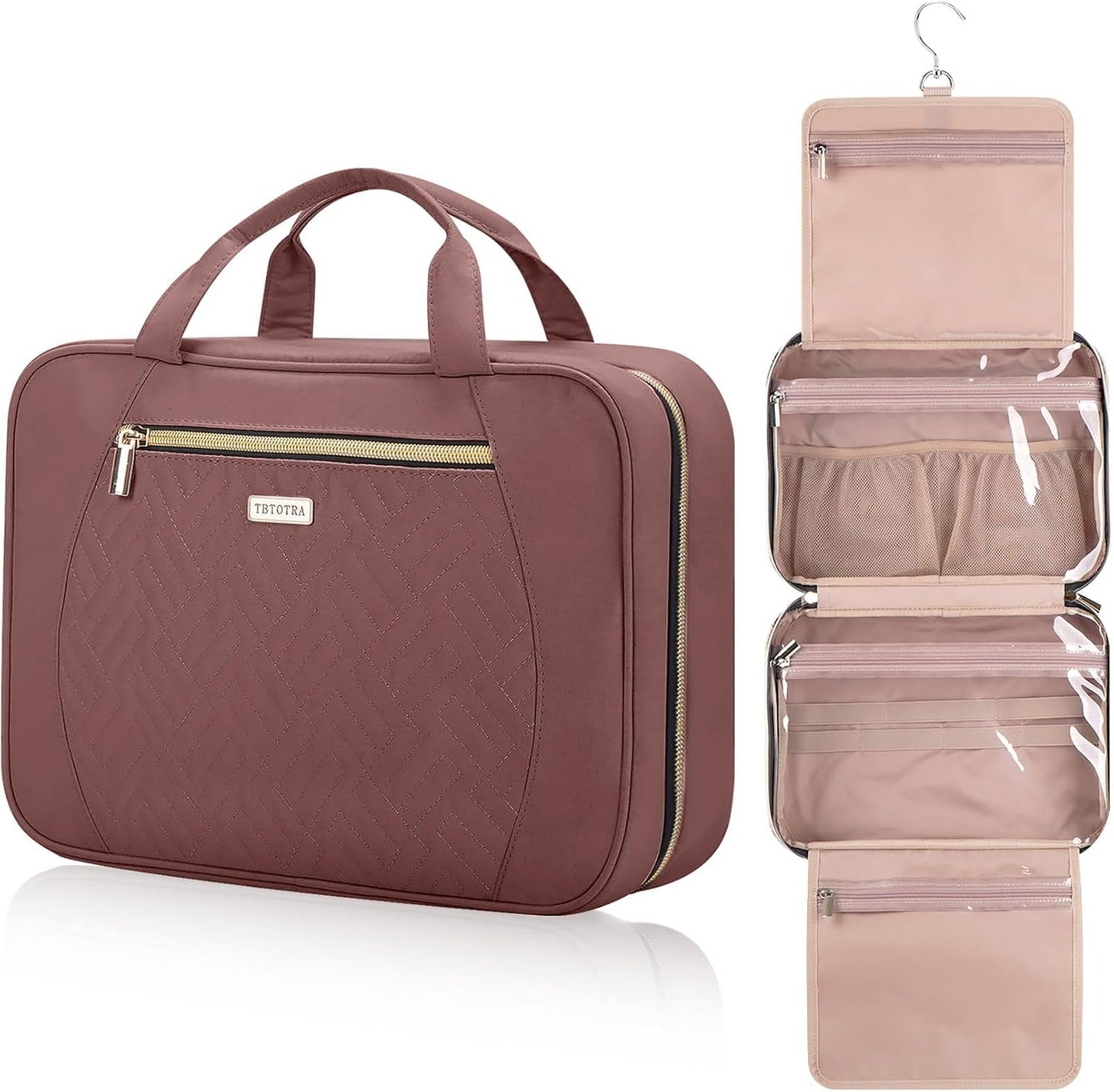 Hanging Toiletry Bag for Women Travel, 2 Sizes Large & Small Waterproof Cosmetic Organizer with 4 Compartments, Rotating Hook, Foldable Pink Travel Bag for Toiletries & Makeup Red Sandalwood