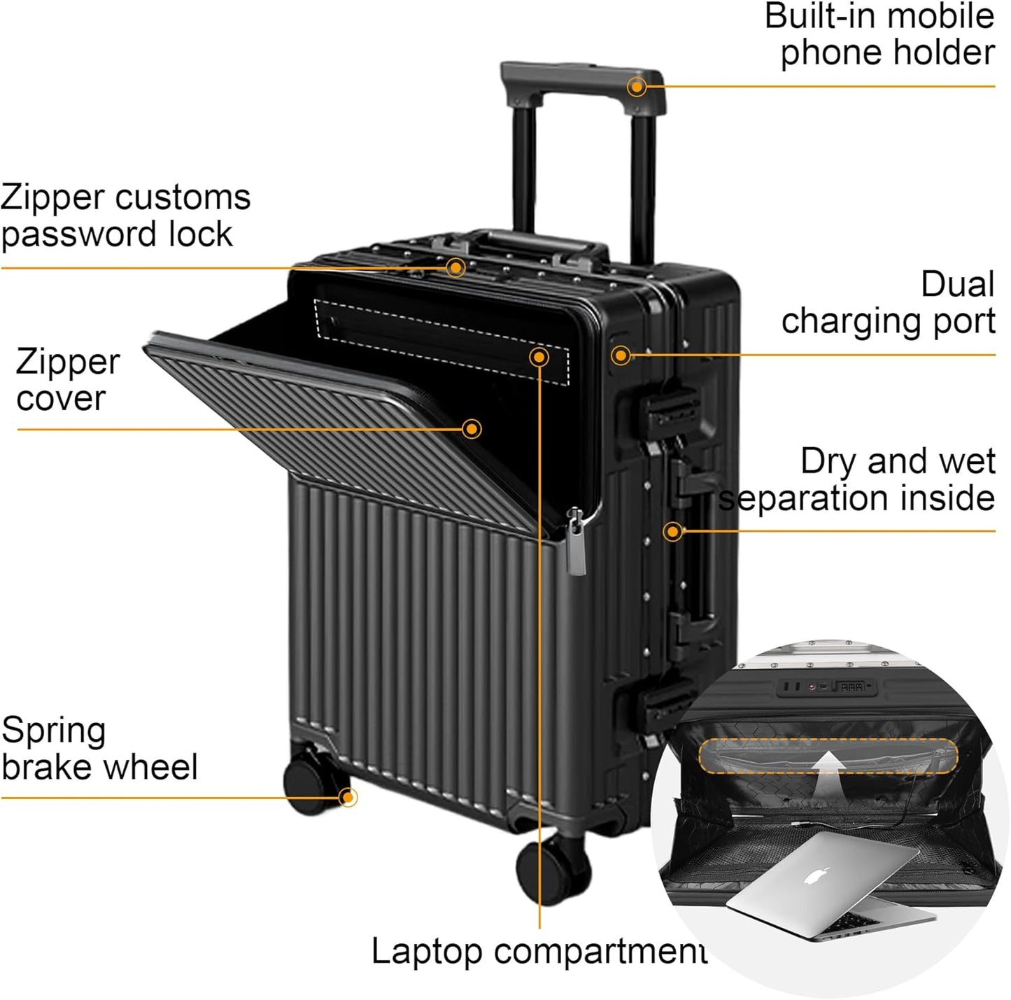2-Piece Hardshell Zipperless Luggage Set, 20/26" Aluminum Frame Hardshell Spinner Luggage, Airline Approved Carry-On Luggage, TSA Lock, 360° Quiet Wheels With Cup Holder (Black)