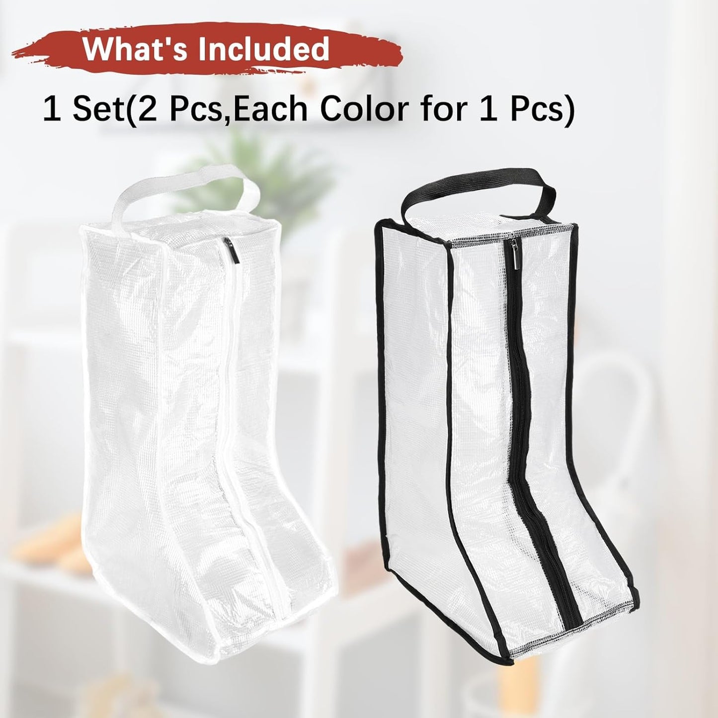 Boot Storage Bags [2PCS] - Plastic Tall Boot Carry Bags Clear Shoe Bags with Handle for Travel & Daily Use - [White, Black] Waterproof & DustProof Boot Bags for Cowboy Boots