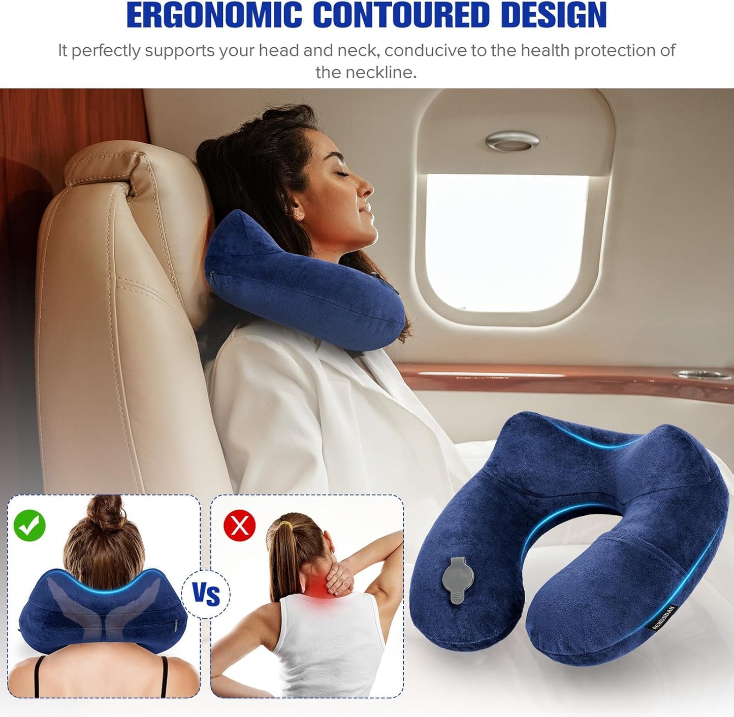 Rewondah Inflatable Travel Pillow for Sleeping Airplane - Inflatable Neck Pillow for Traveling on Plane with Washable Cover, Blow up Neck Travel Pillow for Airplanes, Cars - Portable and Comfortable