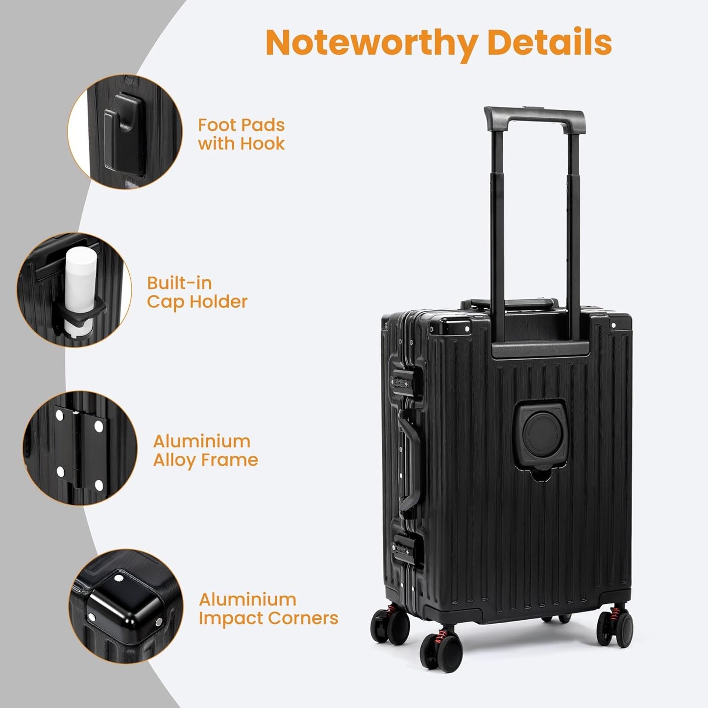 Carry On Luggage 22x14x9 Airline Approved, Zipperless Luggage Carry On, Hard Shell Suitcases with TSA Lock, Lightweight Carry On Suitcases with Aluminum Frame (black, 20inch)