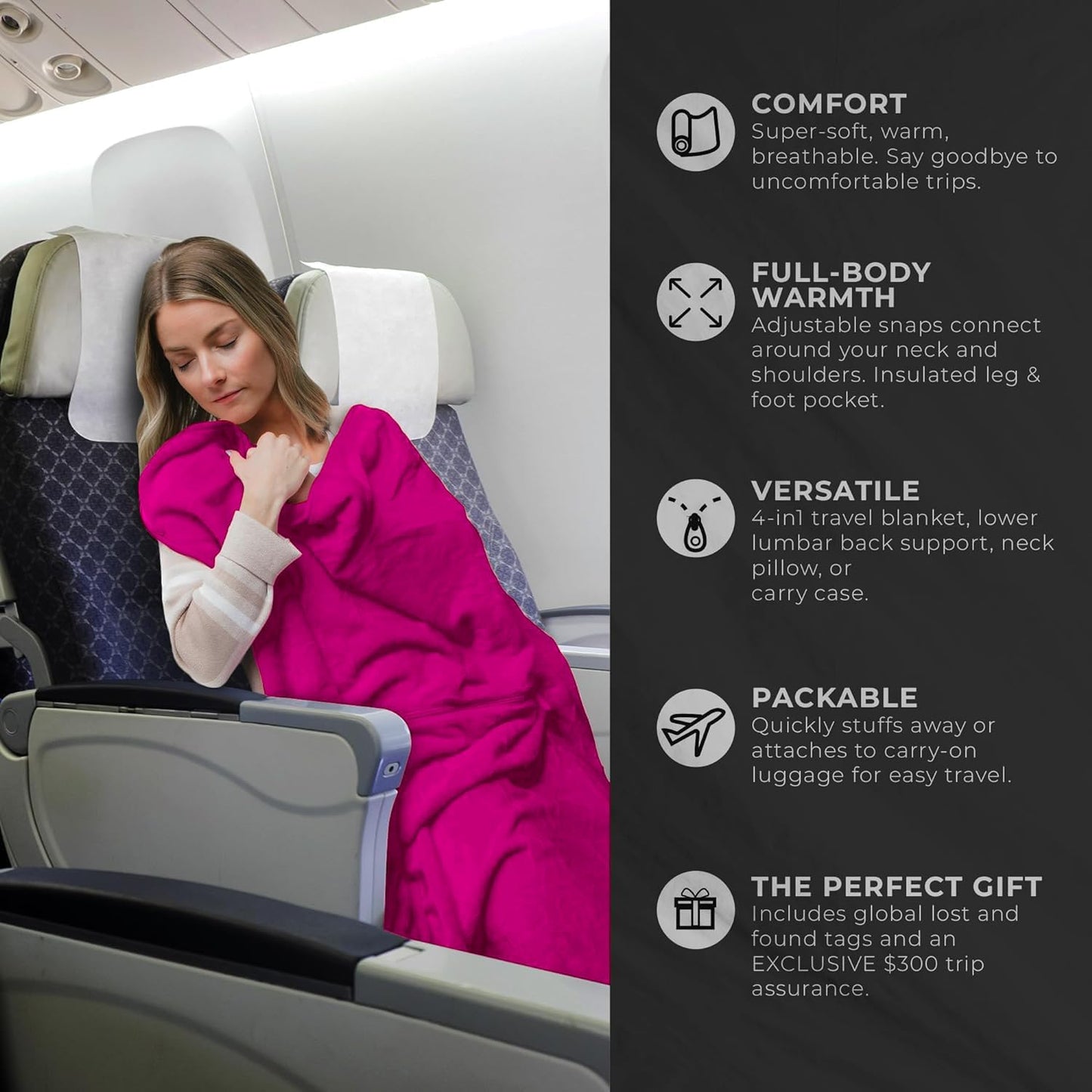 Lightweight Travel Blanket - Premium & Compact Airplane Wearable Blanket with Neck Snaps, Cozy Foot Pockets, Zipper Pouch - Converts into Soft Pillow - Designed for Ultimate Comfort - Hot Pink