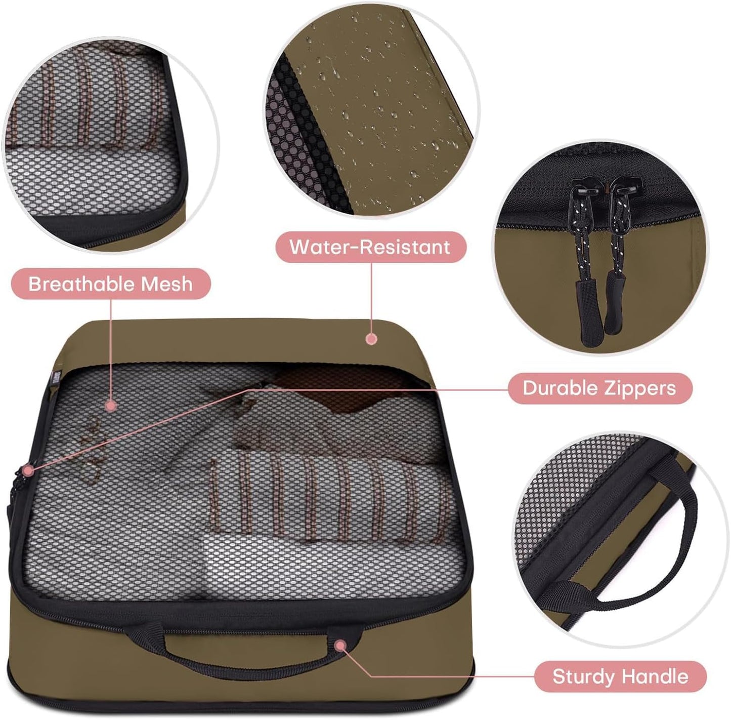 4 PCS Set Compression Packing Cubes for Travel, Lightweight Packaging Organizer Bags for Carry On Space Saving, Travel Essentials Cubes for Suitcase Backpack, Brown