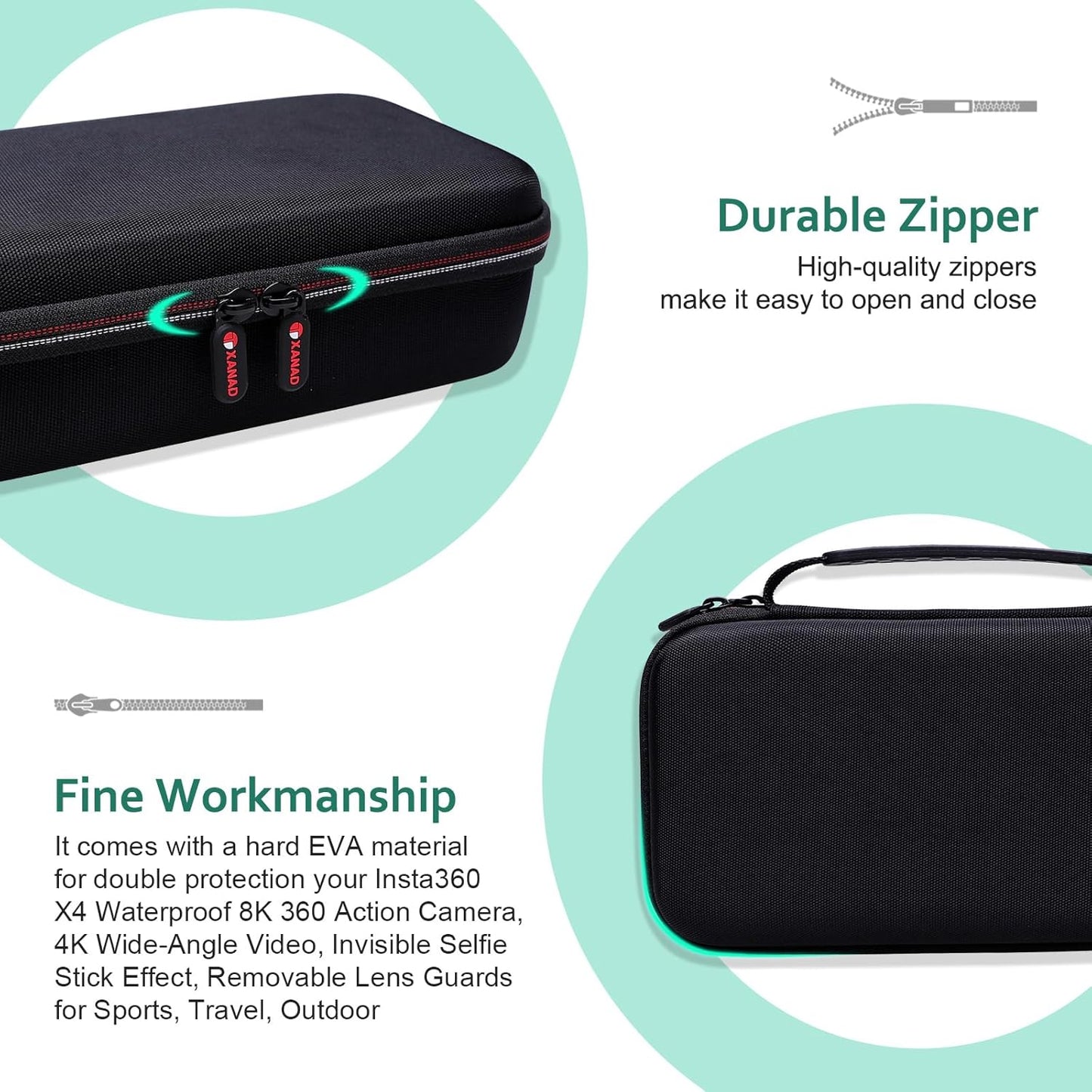 XANAD Hard Case for Insta360 X5/X4/X3/X2 Waterproof 8K 360 Action Camera,114CM Selfie Stick- Storage Carrying Bag