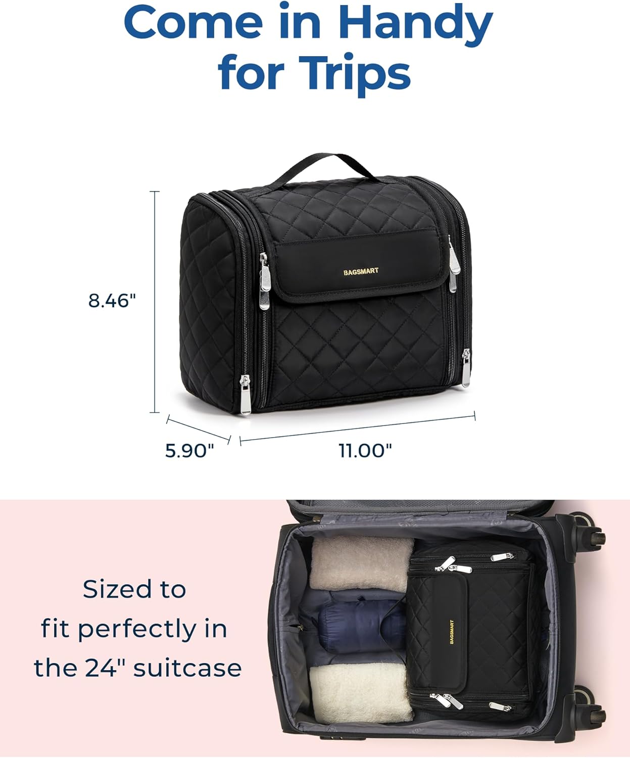 BAGSMART Makeup Bag for Women with Hanging Hook - Portable Cosmetic Case, Large Capacity Door Room Essentials Travel Organizer for Full Sized Cosmetics and Toiletries, Black