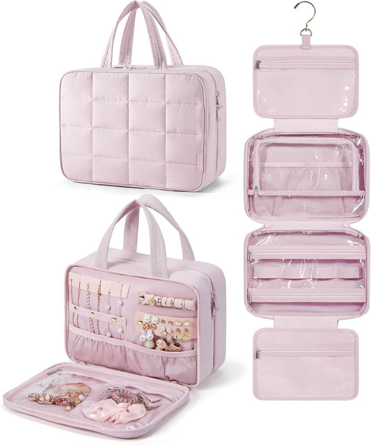 BAGSMART Travel Toiletry Bag with Jewelry Organizer, Hanging Travel Bag for Toiletries, Puffy Makeup Cosmetic Bag Organizer, Carry-on Travel Accessories Essentials, Pink-M