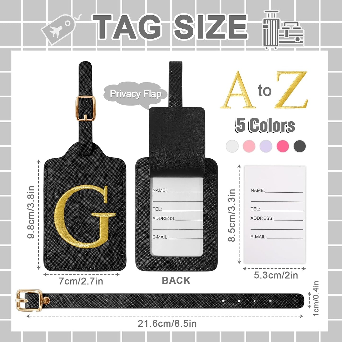 Personalized Initial Luggage Tags for Suitcase TSA Approved, Black Leather Cute Luggage Tag with Privacy Cover Name Card, Embroidered Custom Luggage Tags Travel Backpack Tags Gifts for Women Kids(G)