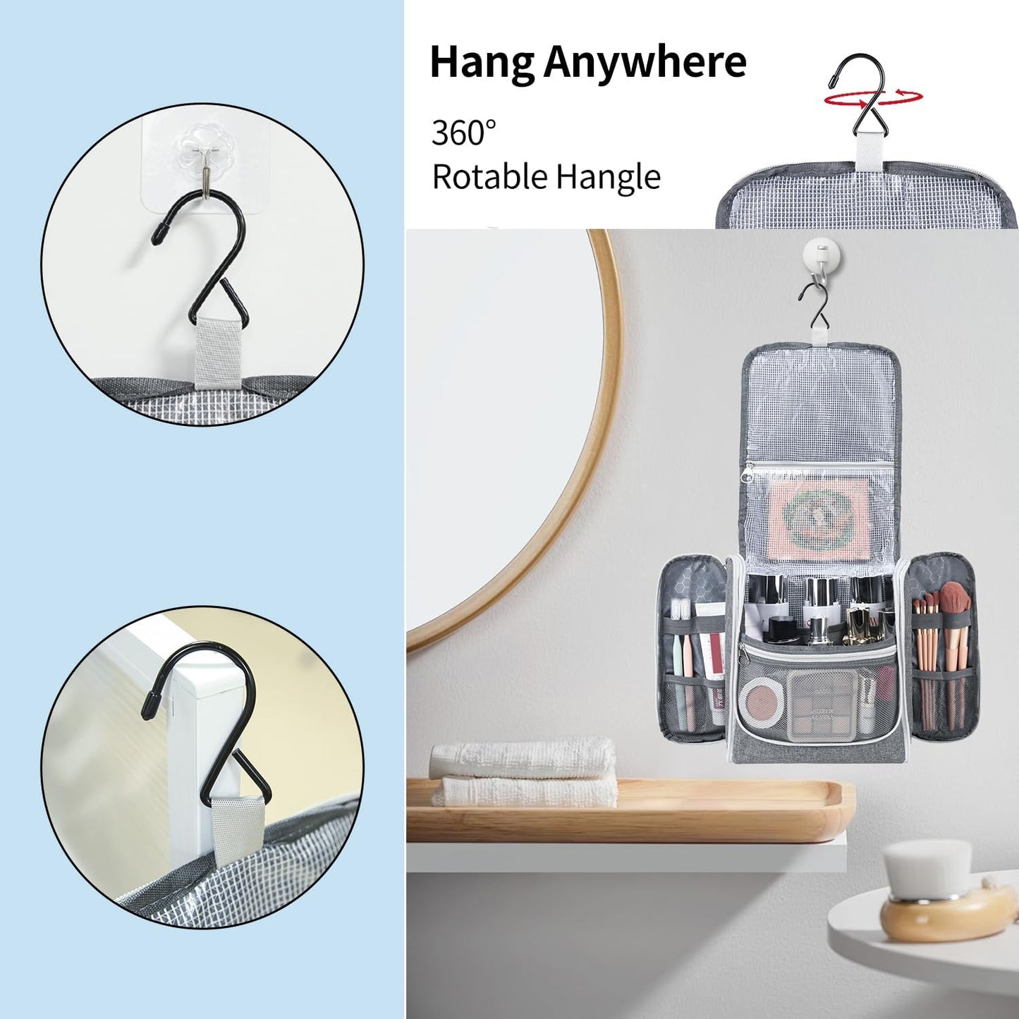 Della Gao Travel Hanging Toiletry Bag for Men and Women, Large Capacity Cosmetics Bag Makeup Bag Organizer, Bathroom Bag, Water-Resistant Nylon, Grey