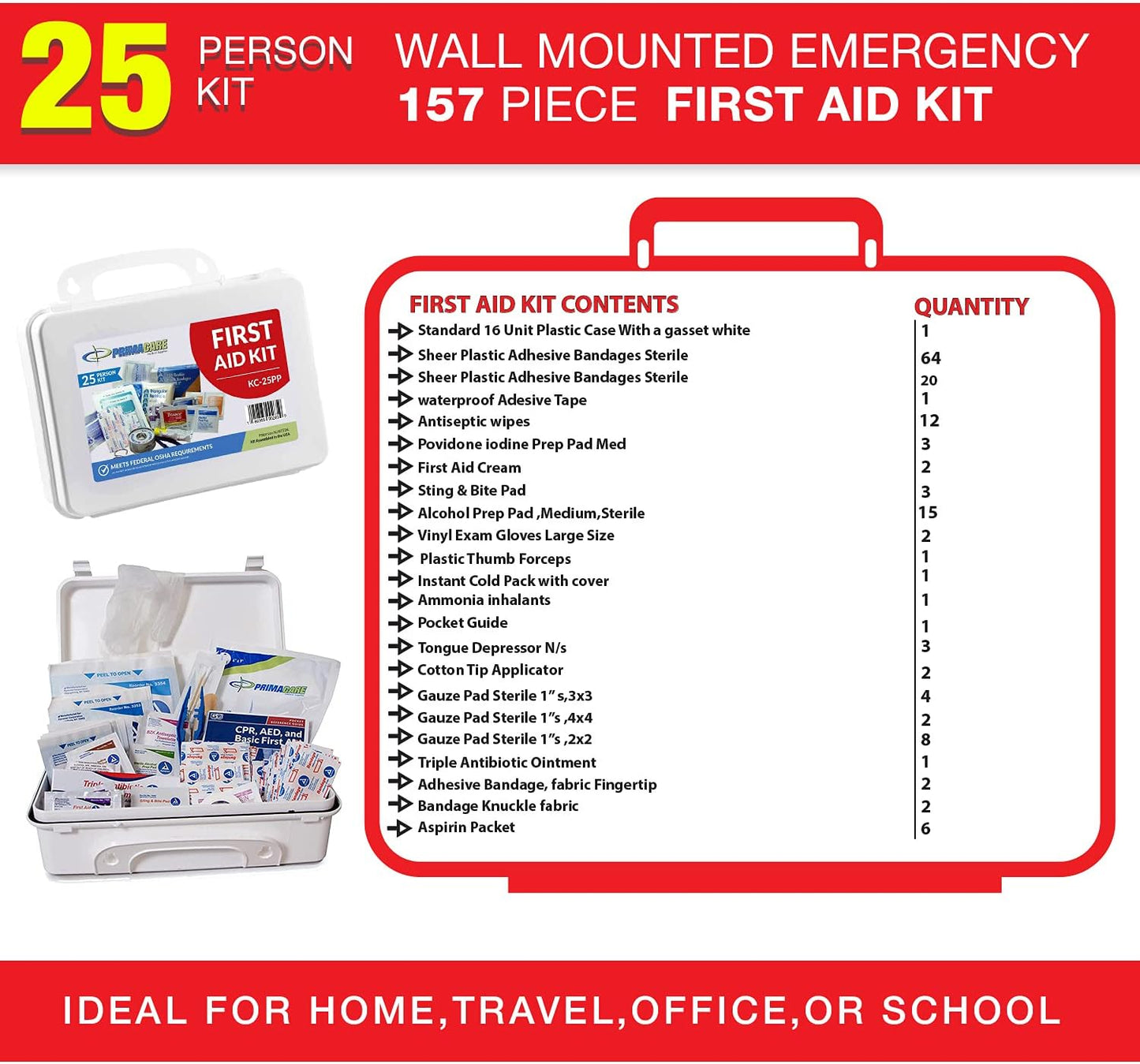 Primacare 25 Person Medium Emergency Preparedness First Aid Kit for Home, School and Office, Wall Mounted White