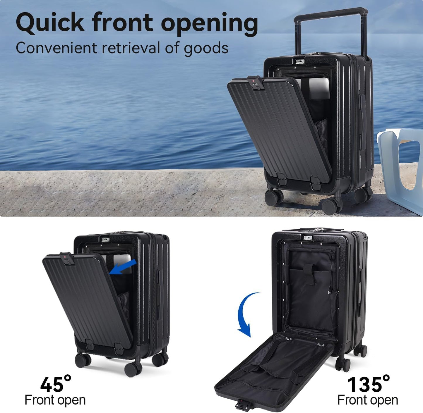 SOKOK Front Pocket Luggage with Spinner Wheels, 24'' Wide Handle Travel Suitcase PC Hardshell Multifunctional Luggage with Charging Port and Cup Holder, Black