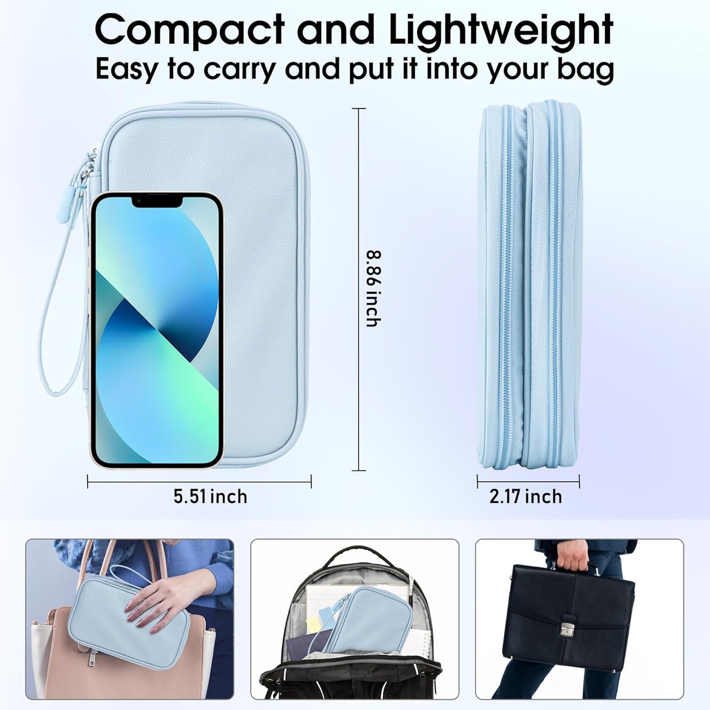 Leather Travel Electronic Organizer - Double Layer, Waterproof Case for Cables, Chargers, Phones & More - Portable, Shockproof Pouch for All Your Electronics Accessories (Light Blue, M)