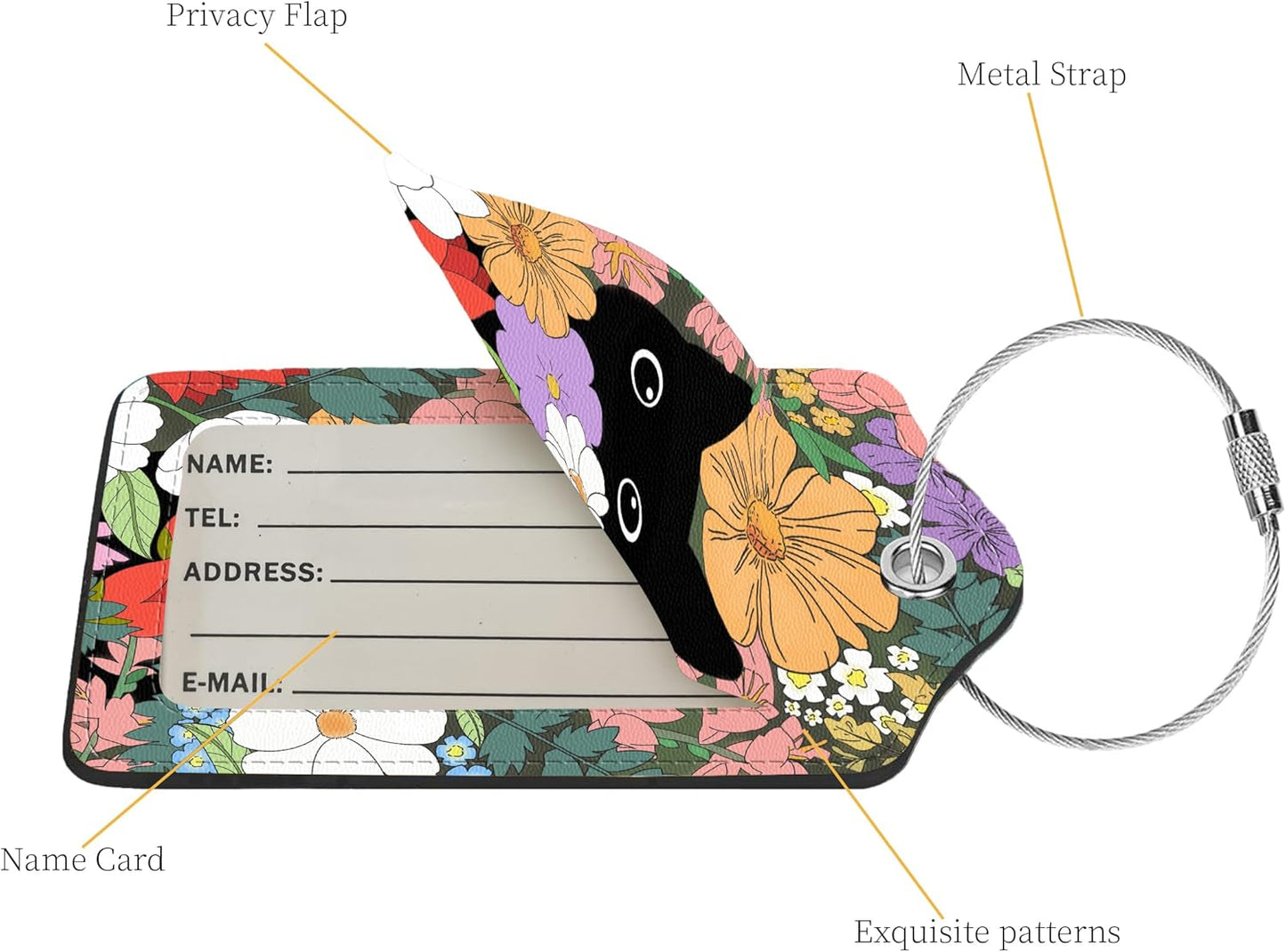 2 Pcs Luggage Tags for Suitcases, PU Leather Cruise Ship Luggage Tags with Privacy Cover Label Address Card and Durable Metal Ring Suitable for Men Women Handbags Backpacks,Flower Bushes and Cats