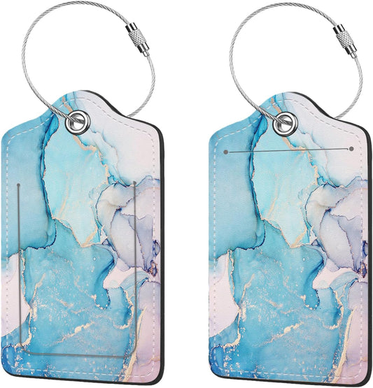2 Pcs Luggage Tags for Suitcase, Cute Unique PU Leather Travel Bag Tag with Privacy Cover ID Label Address Card and Durable Metal Ring Suitable for Men Women Children Backpack,Blue Marble